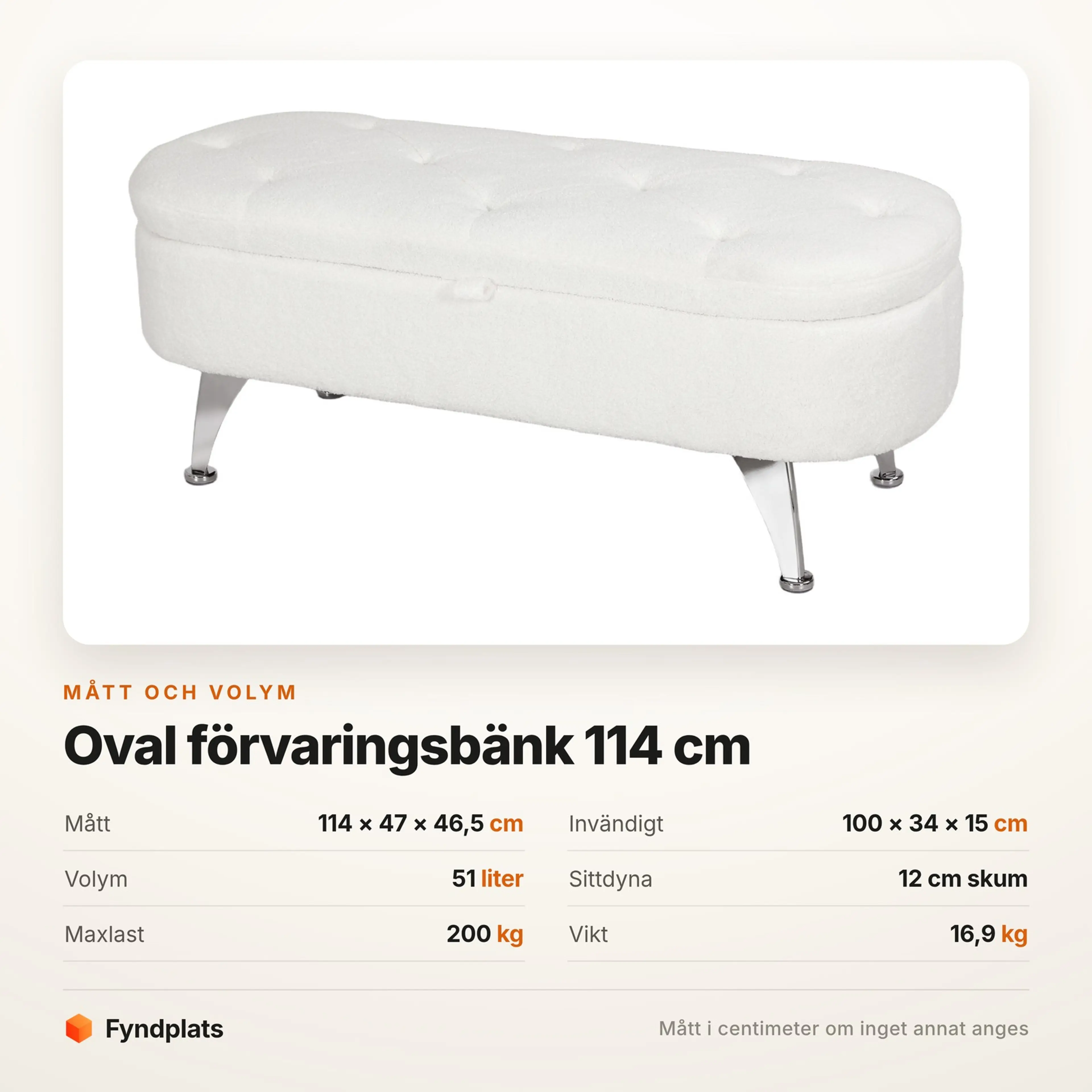 Faktakort: bänken 114 × 47 × 46,5 cm med 51 liter och 200 kg maxlast