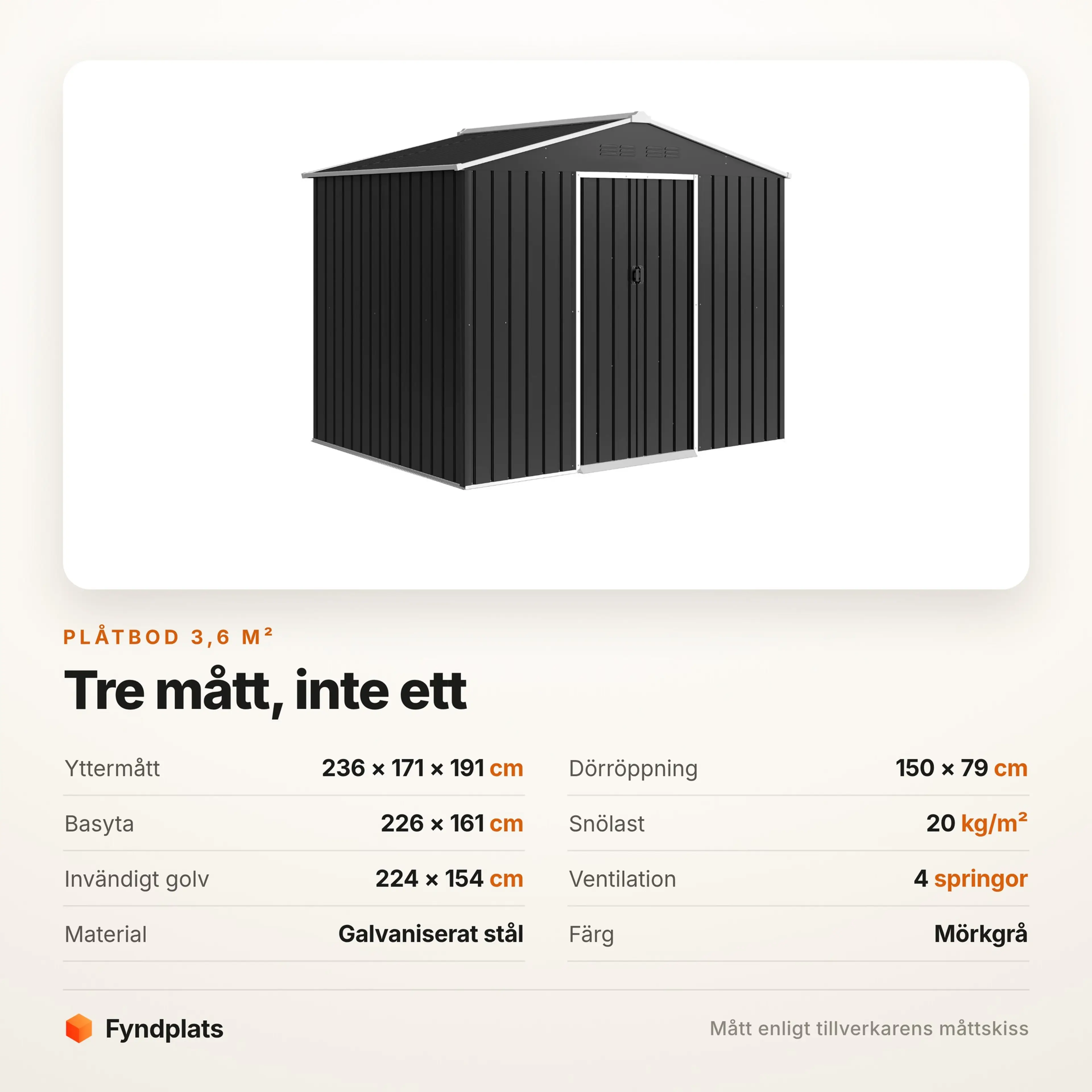 Fyndplats spec-kort: yttermått 236 × 171 × 191 cm, basyta 226 × 161 cm, dörröppning 150 × 79 cm