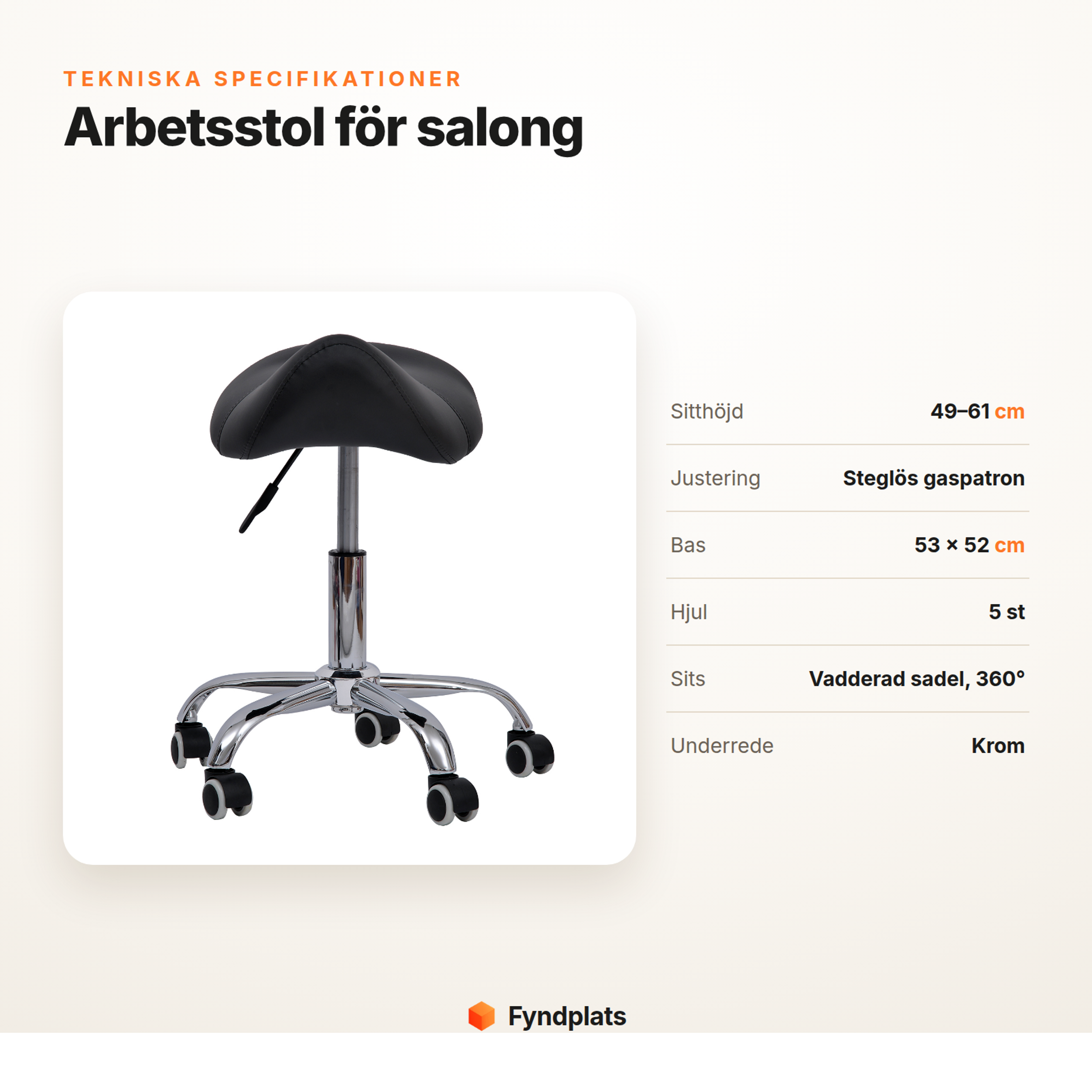 Fyndplats specifikationskort för arbetsstolen med sitthöjd, bas och hjul