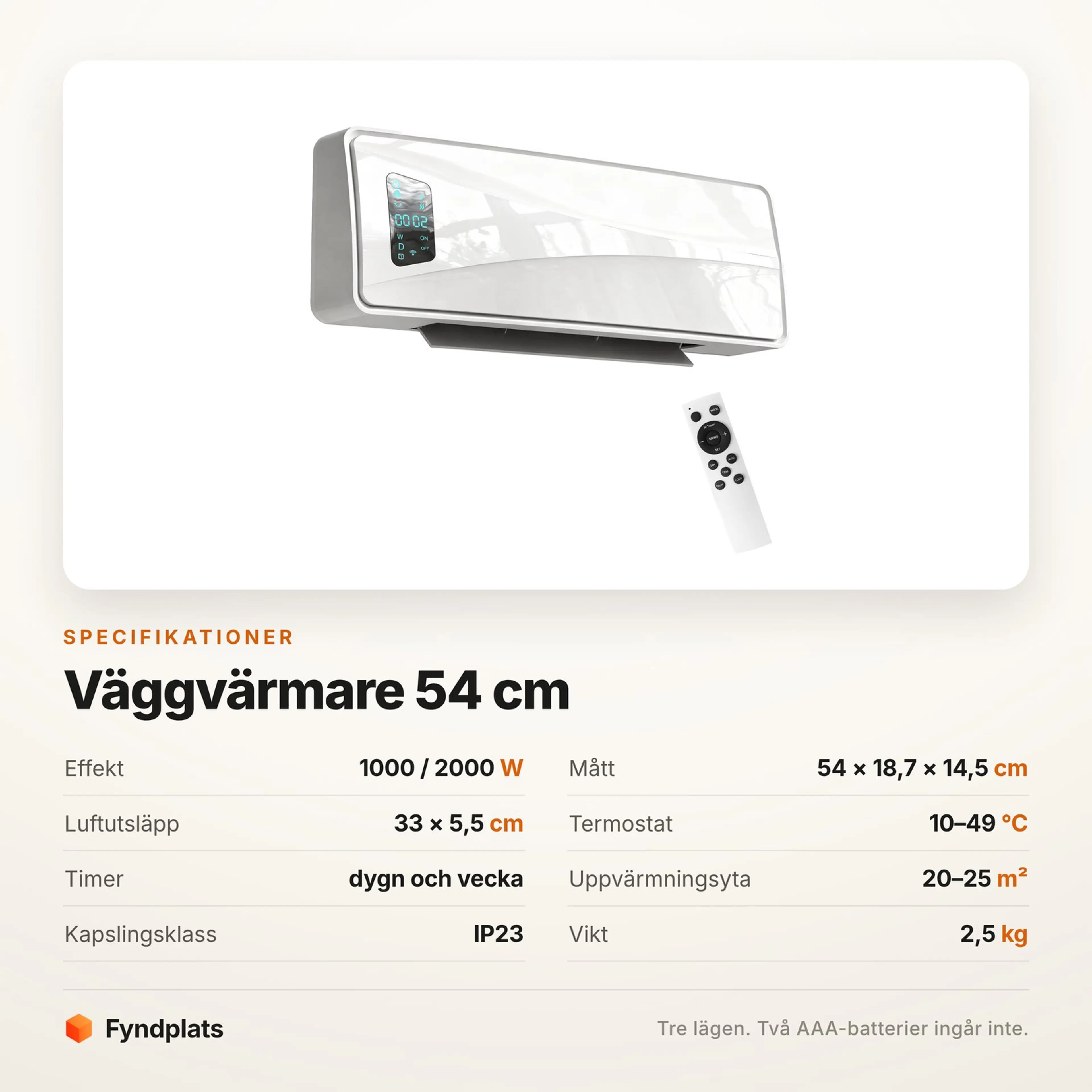 Specifikationer för väggvärmaren: effekt, mått, termostat och timer