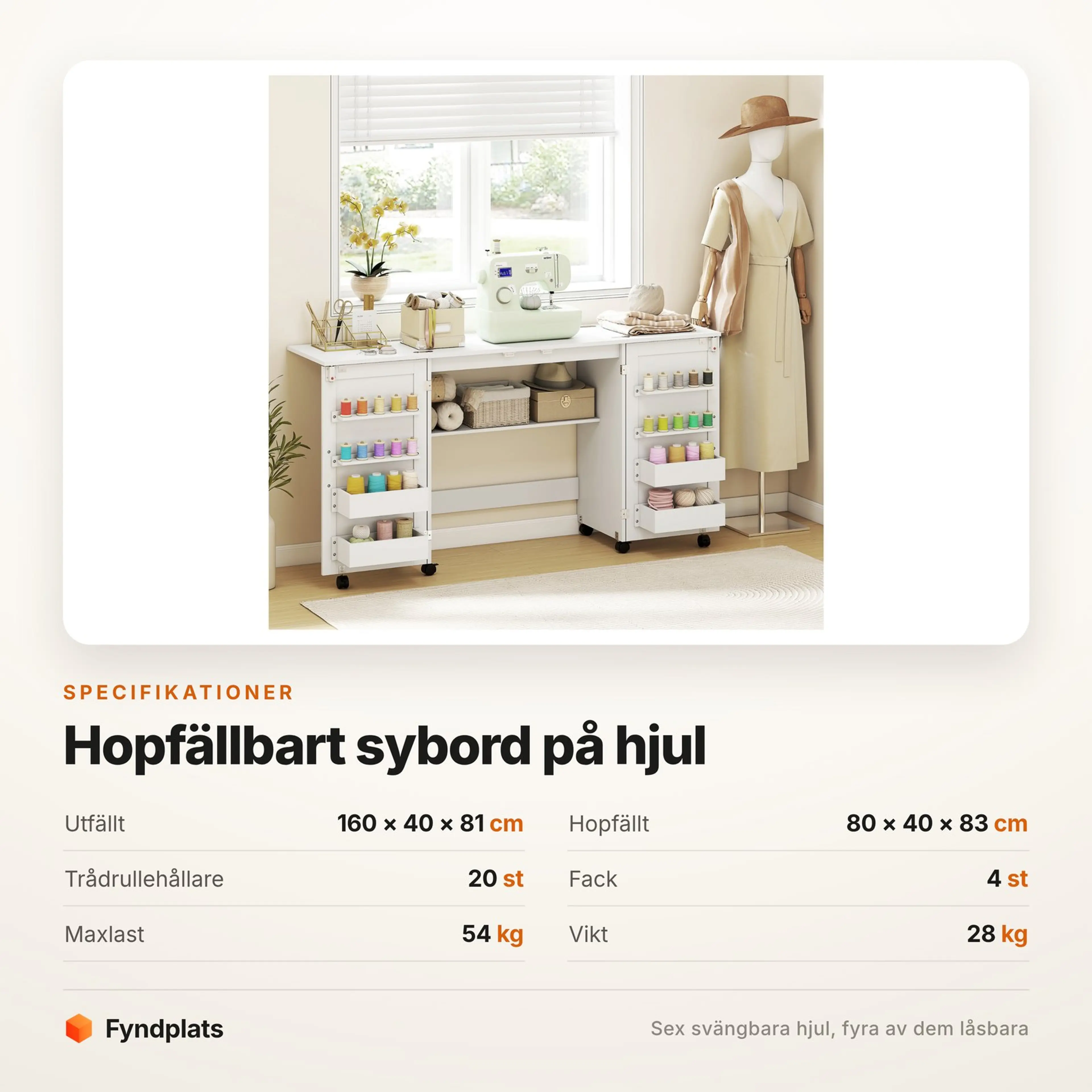 Hopfällbart sybord på hjul, 160 cm utfällt med 20 trådhållare – bild 5