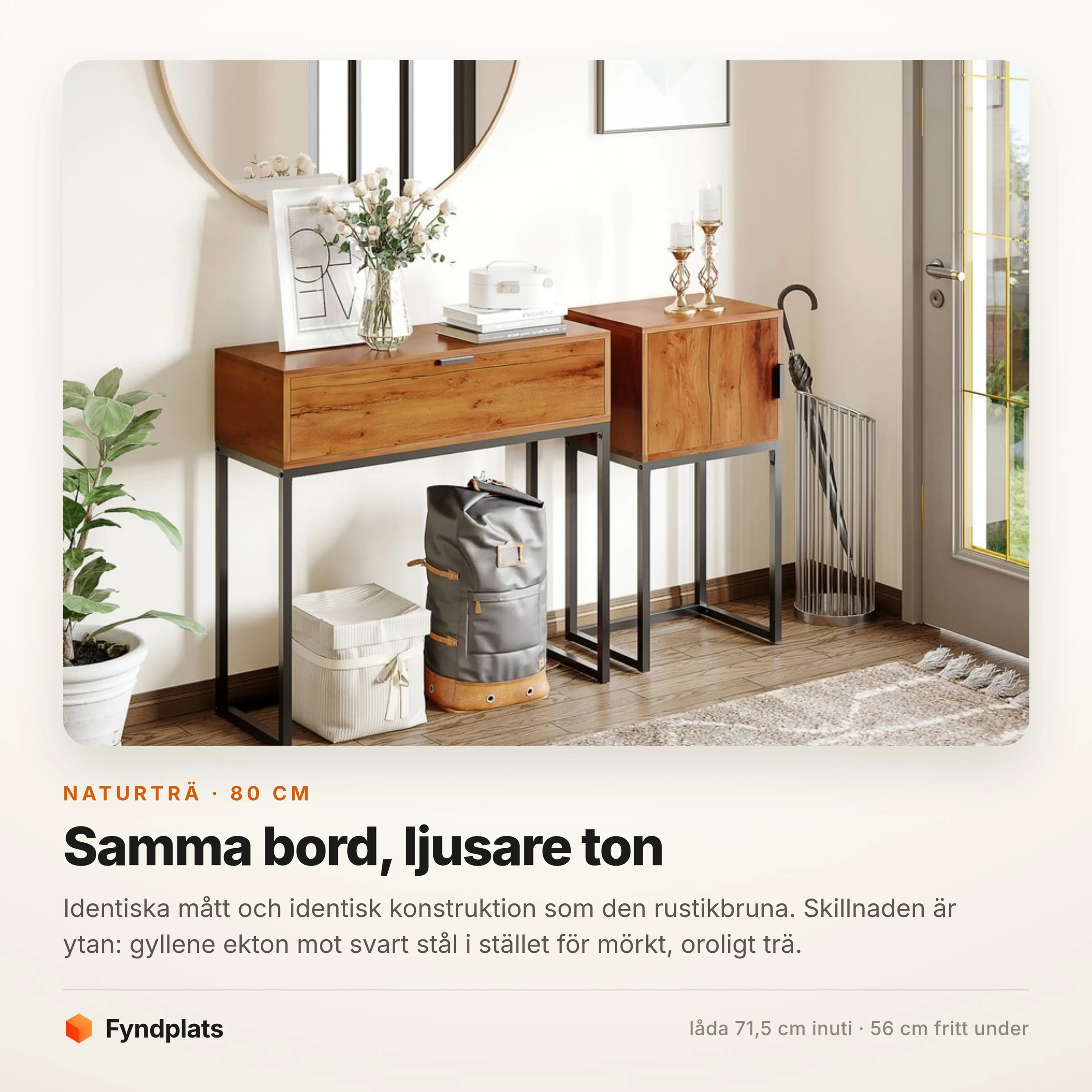 Konsolbord med låda 80 cm, naturträ – bild 3