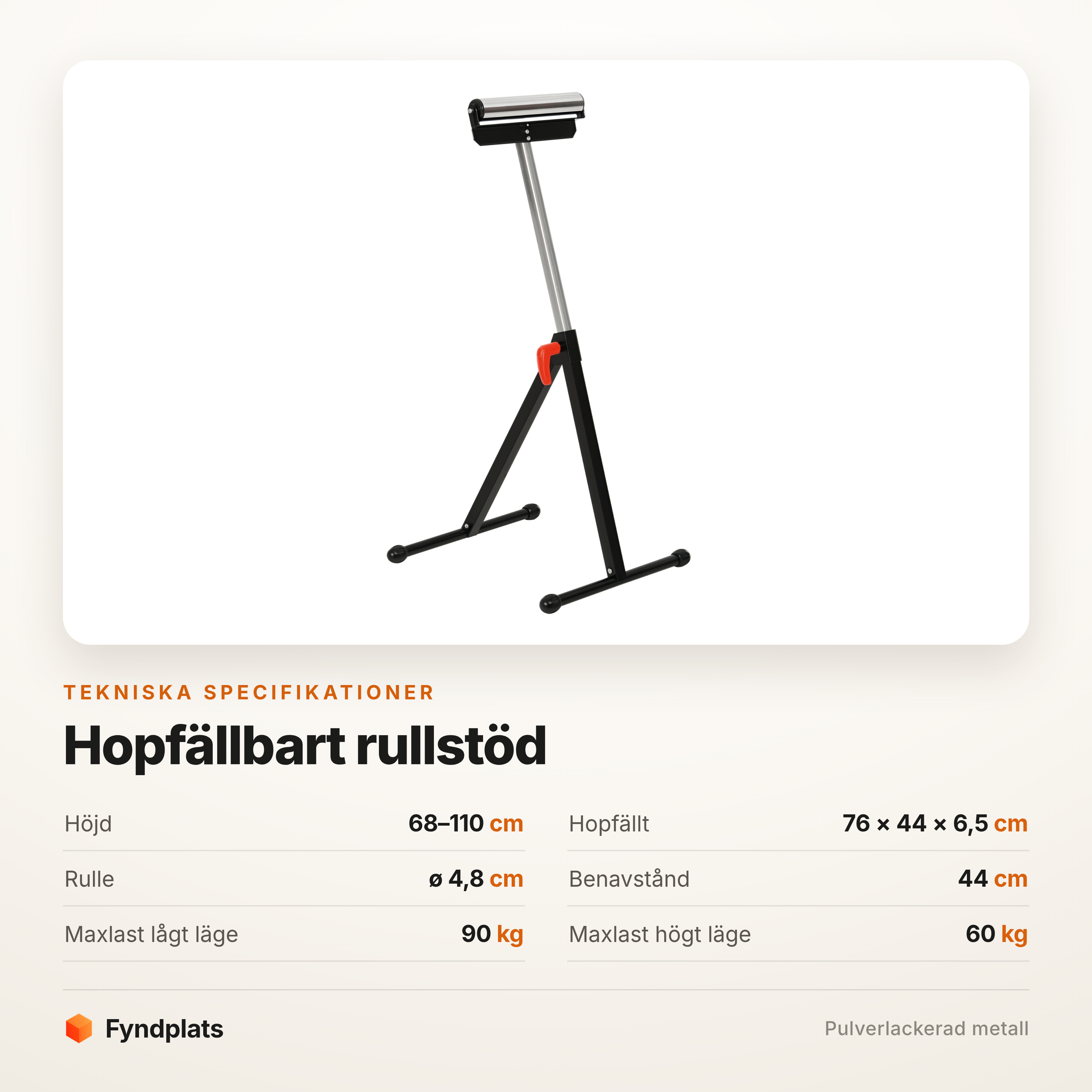 Fyndplats spec-kort för rullstödet: höjd 68–110 cm, hopfällt 76 × 44 × 6,5 cm och 90 kg maxlast