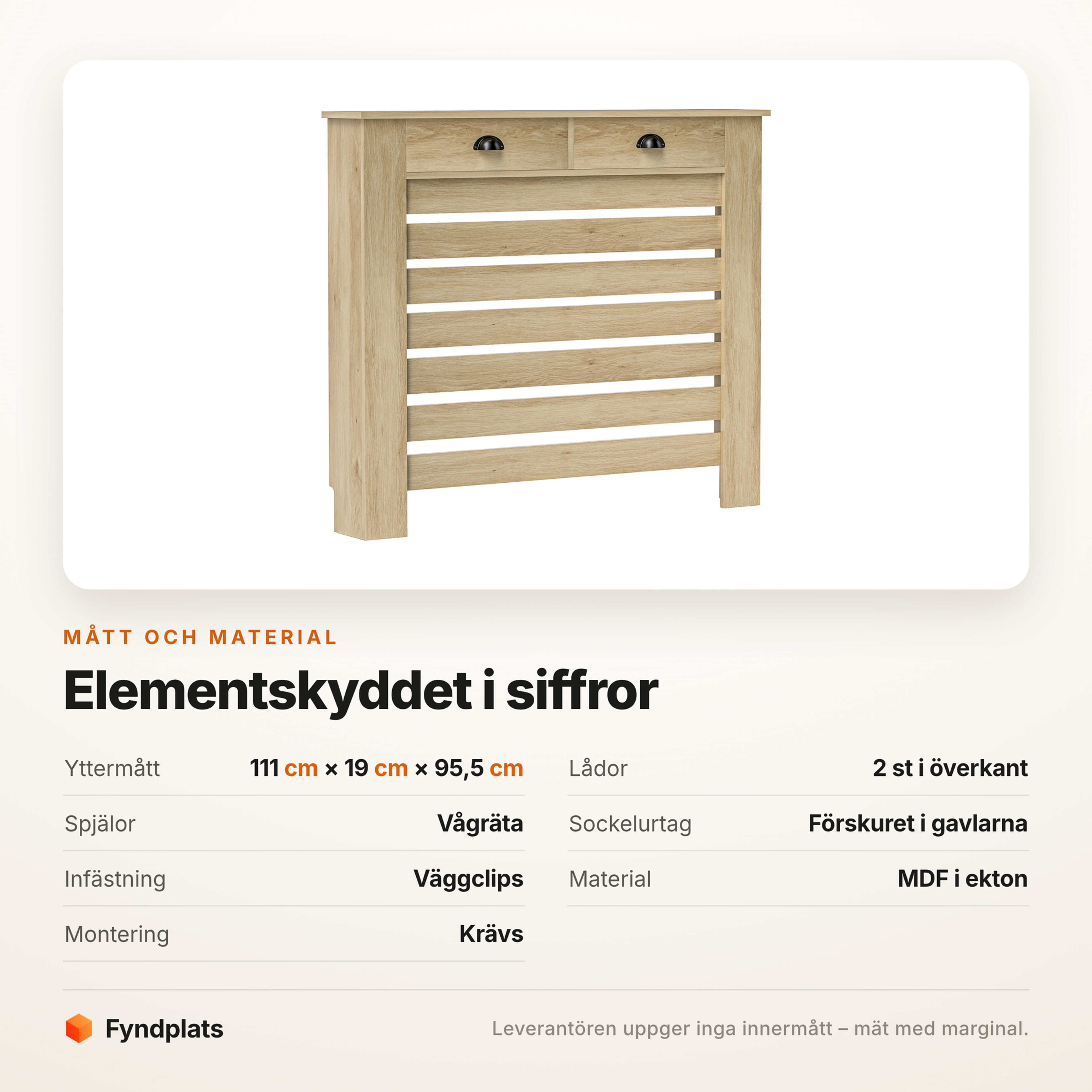 Specifikationstabell för elementskyddet med lådor: mått, lådor och material