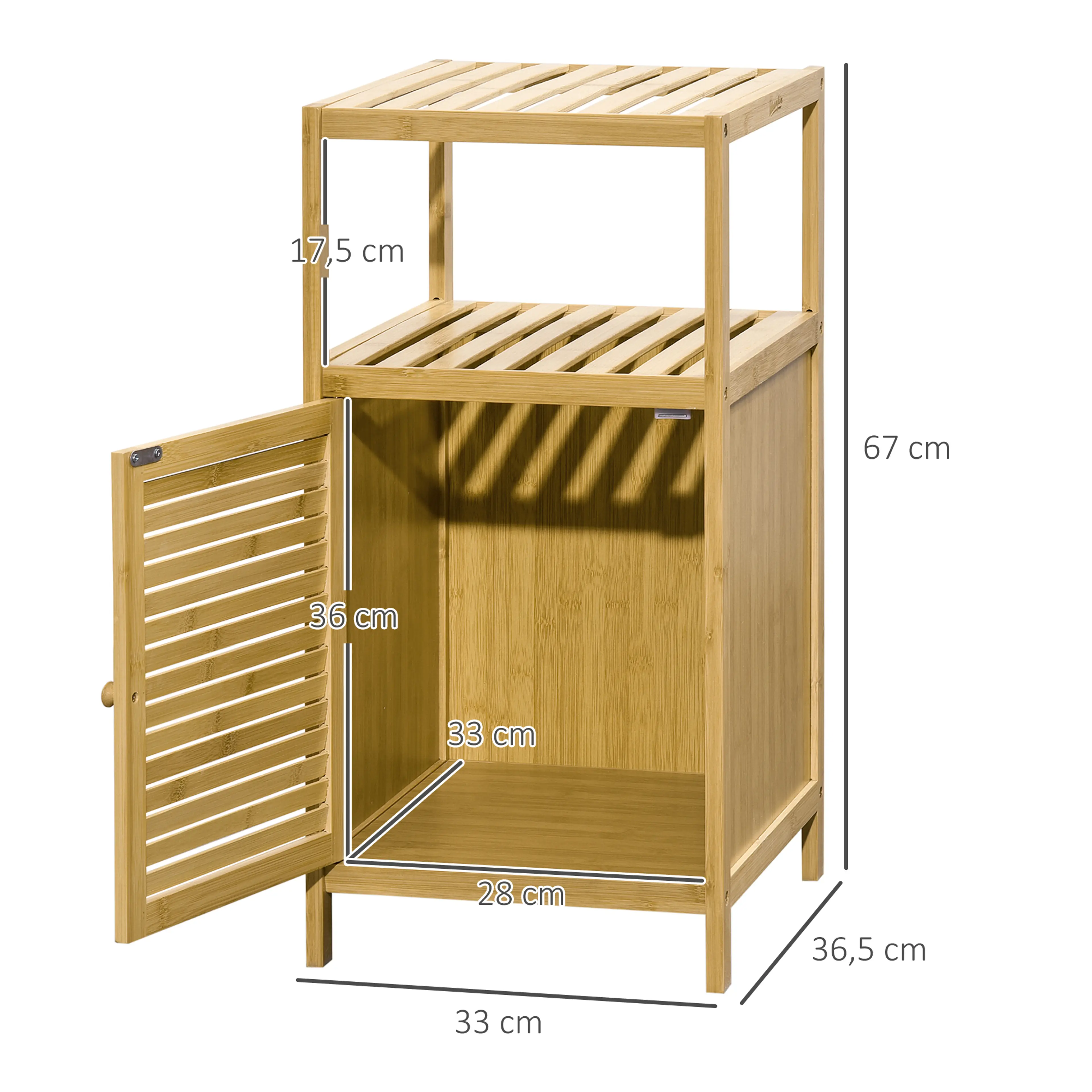 Måttbild: skåpet är 33 cm brett, 36,5 cm djupt och 67 cm högt, med 28 × 33 × 36 cm invändigt