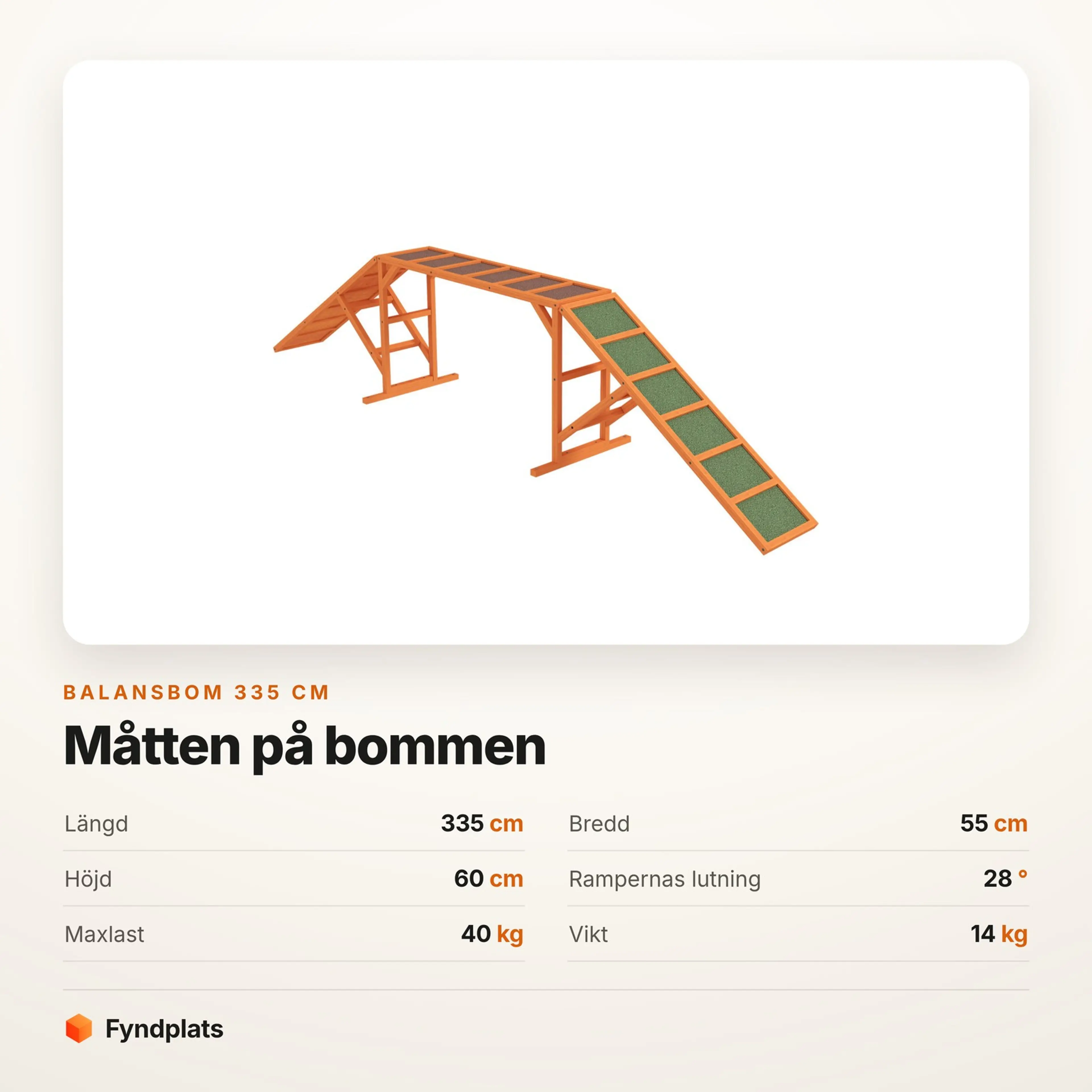 Spec-kort med balansbommens mått: 335 × 55 × 60 cm, ramper på 28° och maxlast 40 kg