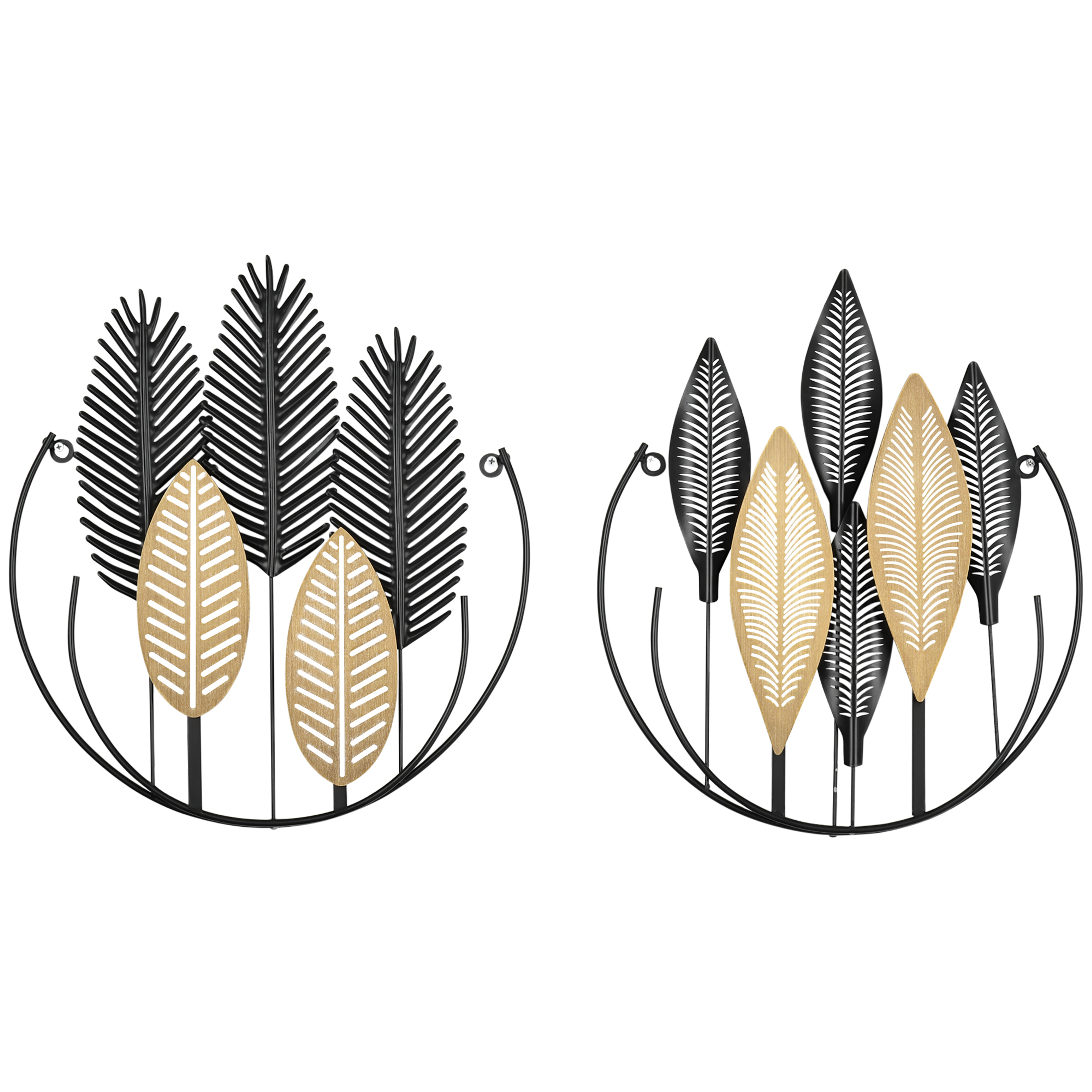 Två väggtavlor med svarta och naturfärgade blad i halvcirkelformade ramar