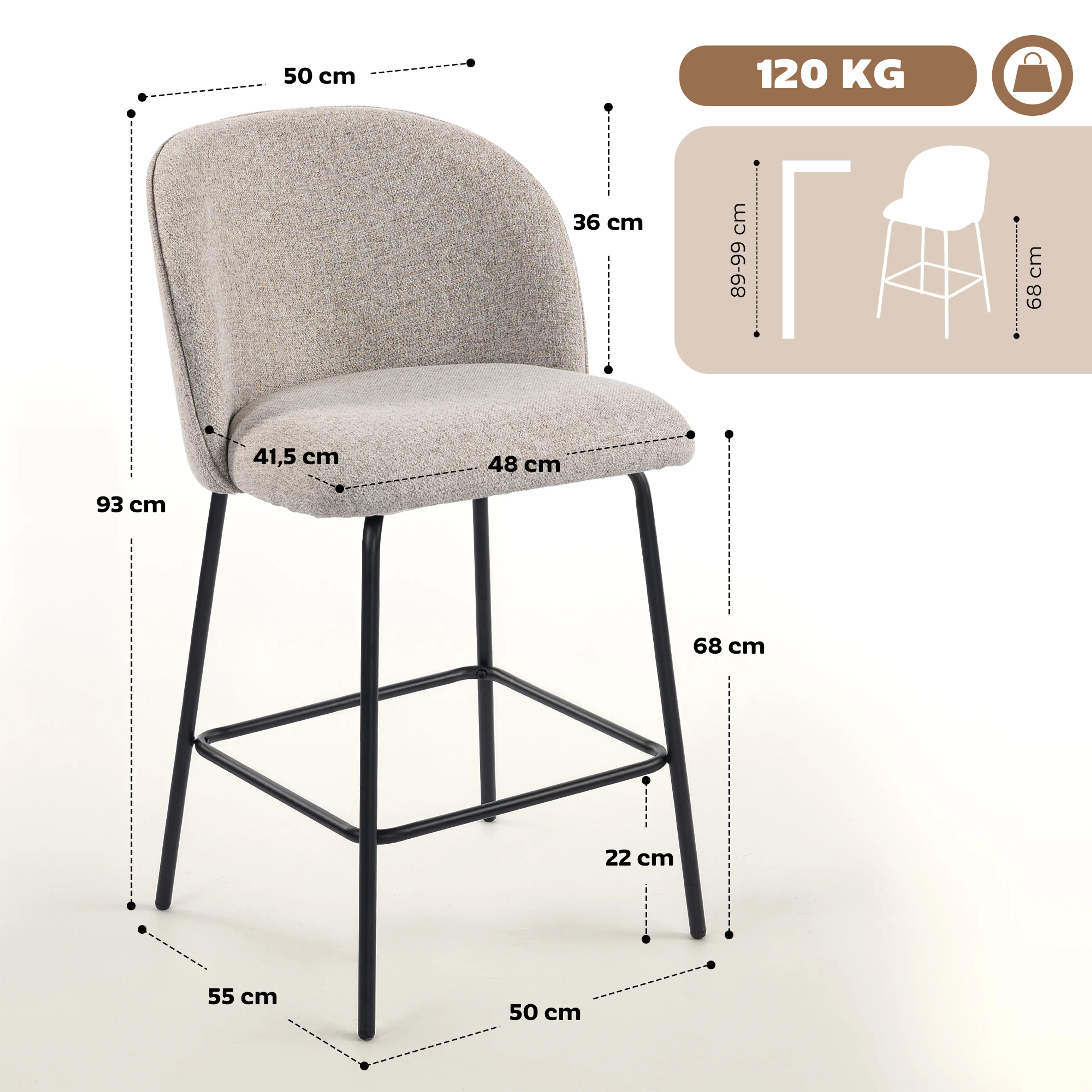 Måttskiss med sitthöjd 68 cm och totalhöjd 93 cm, med märkning för 120 kg belastning