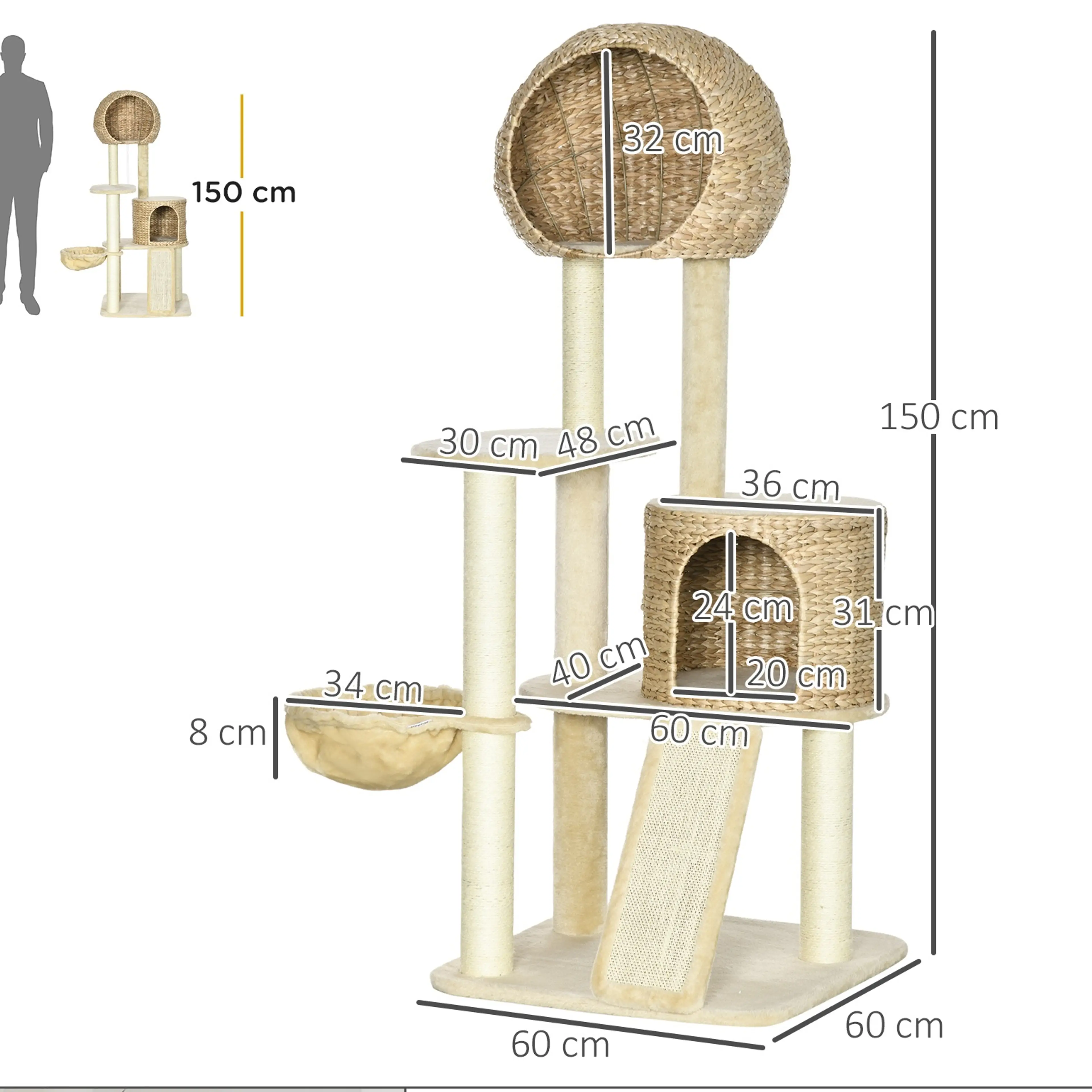 Klösträd 150 cm med två flätade kojor – hängmatta, klösmatta och grova stammar – bild 4
