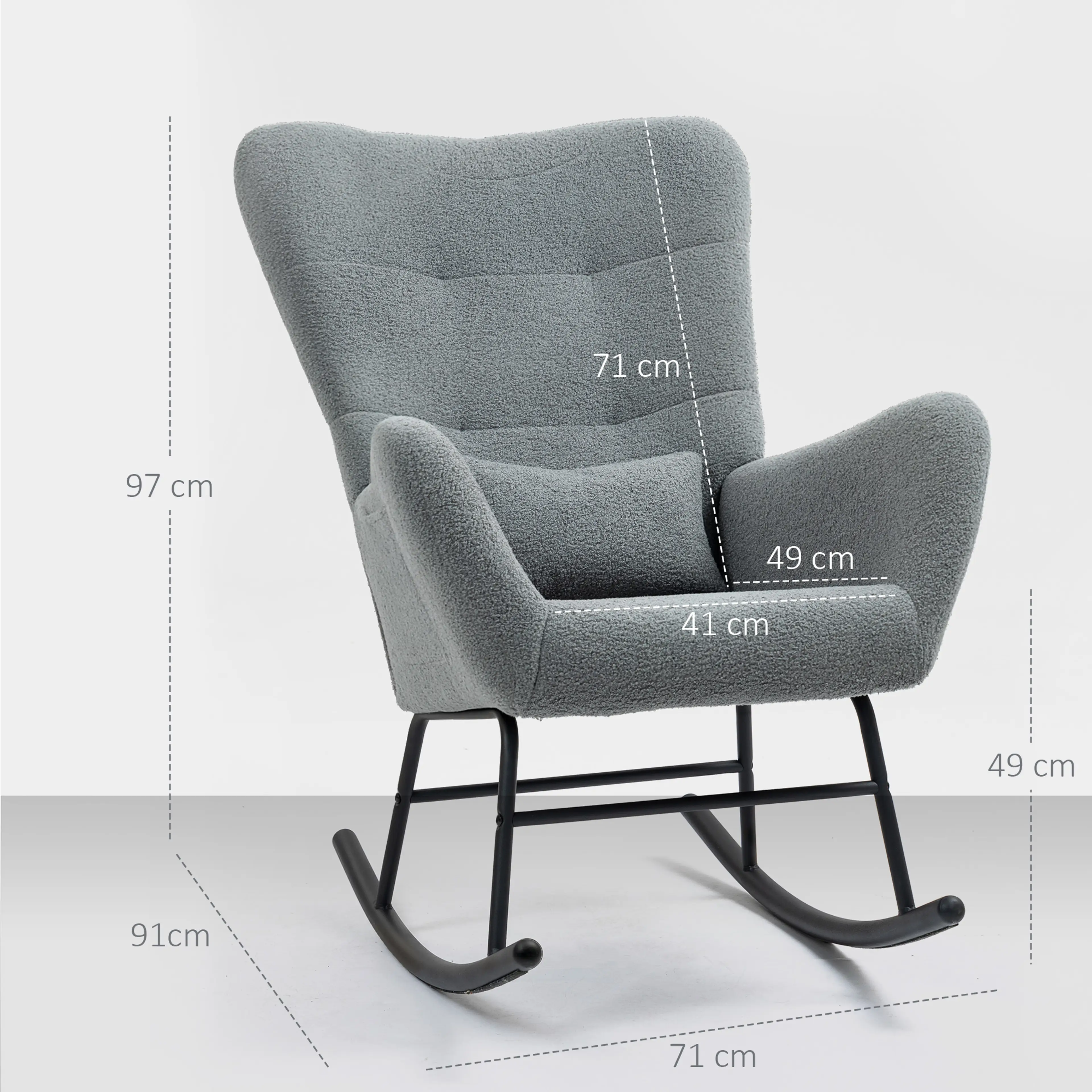 Måttskiss: 91 × 71 cm golvyta, 97 cm höjd och 41 × 49 cm sittyta