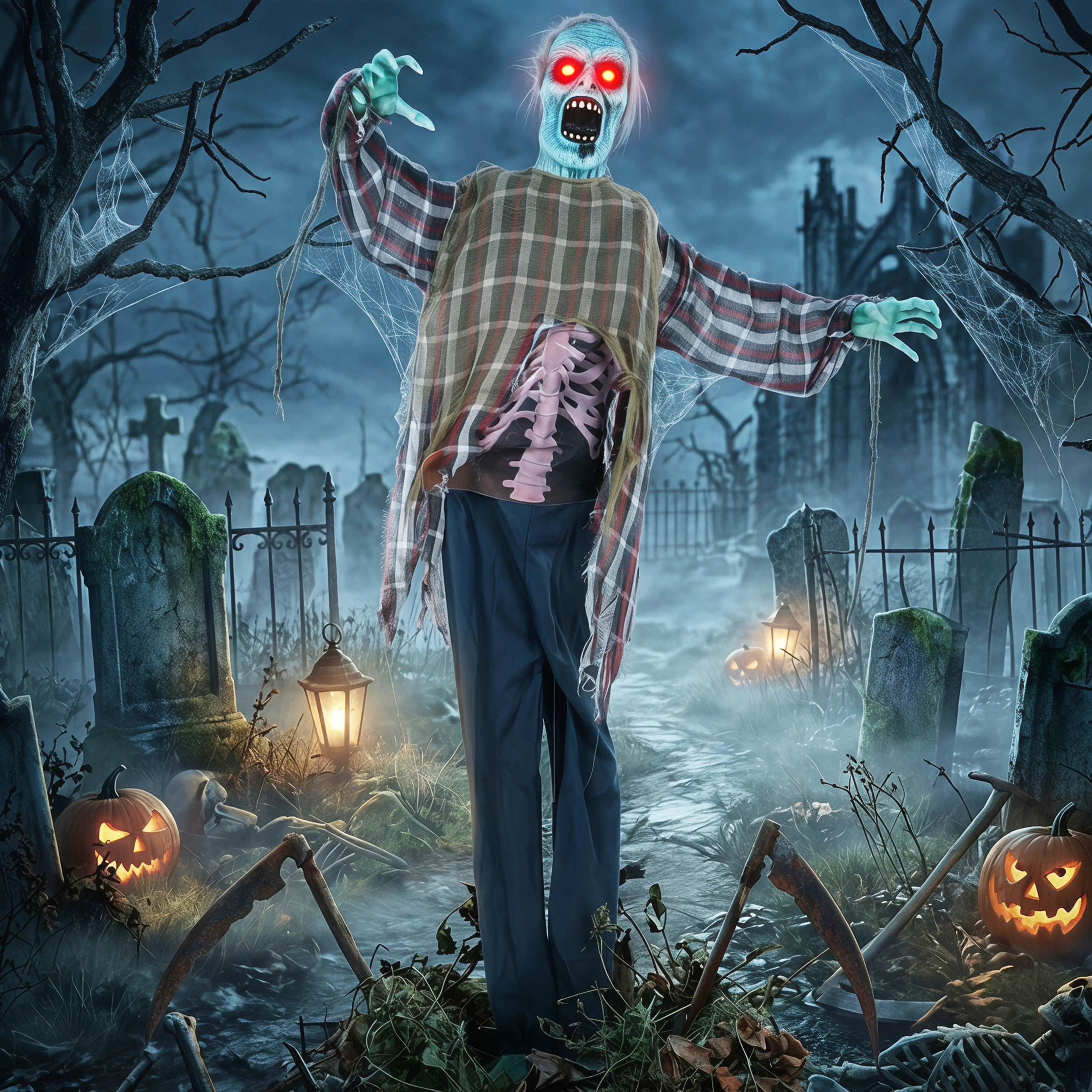 Animerad halloweenzombie 170 cm med ljud och röda LED-ögon – bild 3