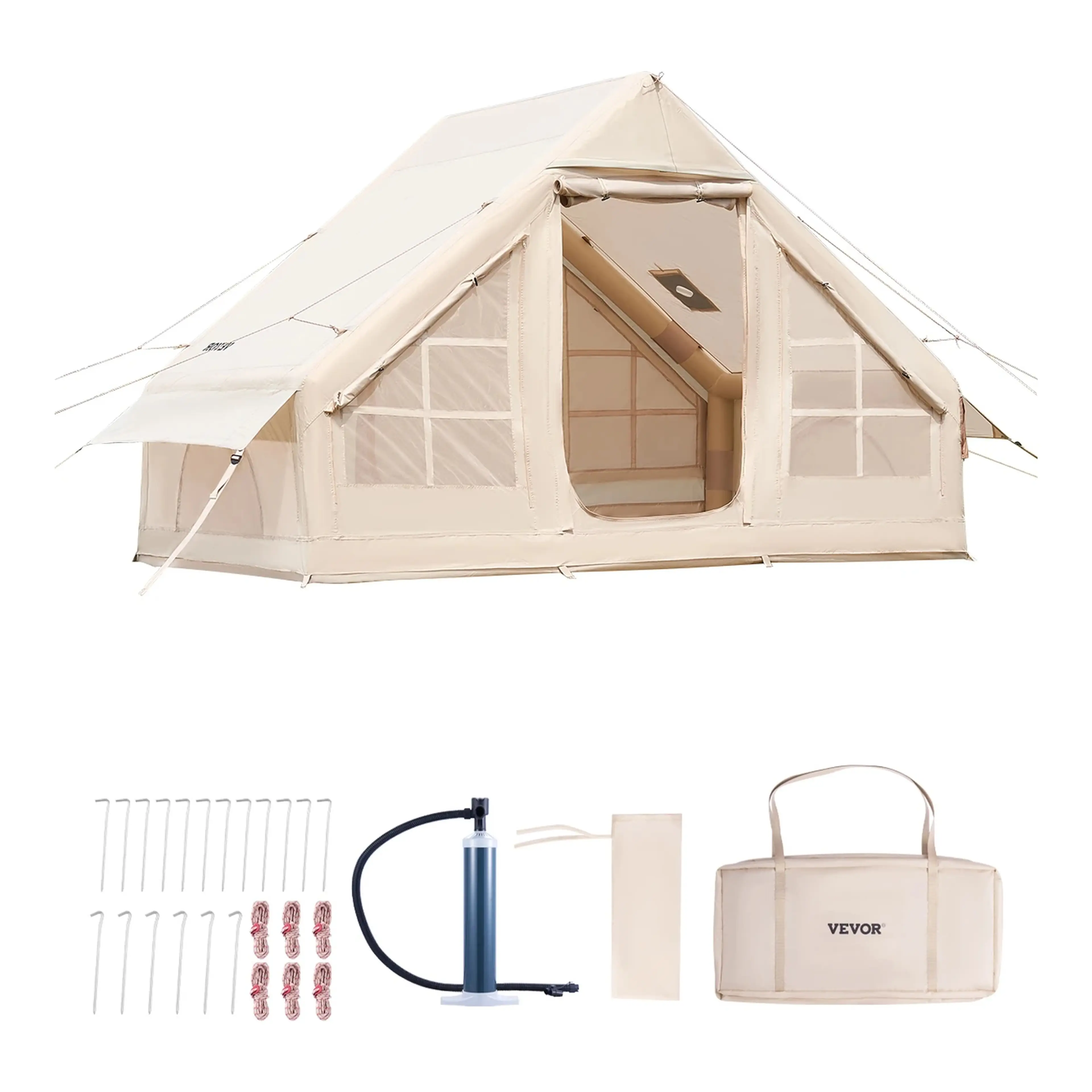Uppblåsbart campingtält 3–5 personer – lufttält med pump och kaminhål