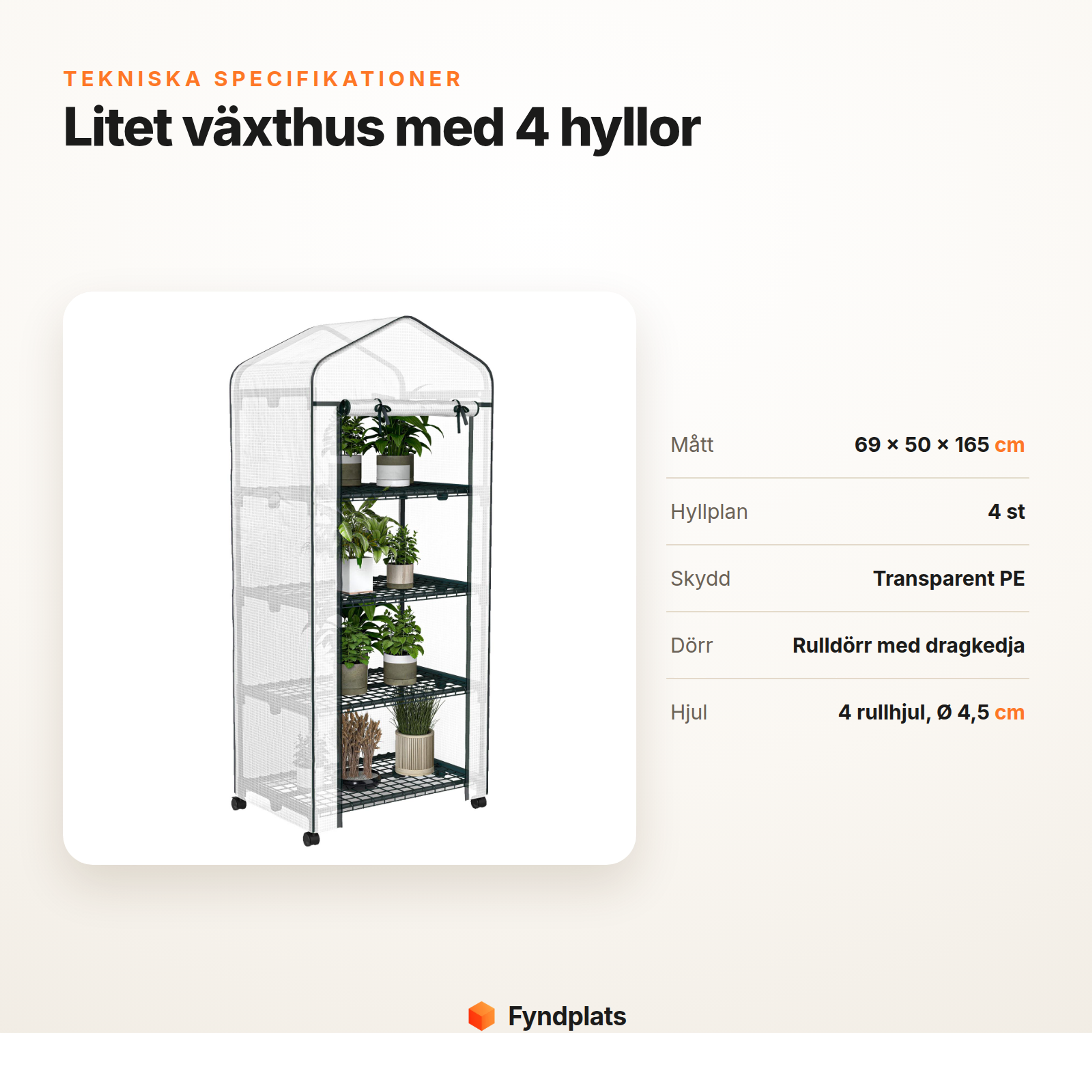 Fyndplats-kort: tekniska specifikationer för litet växthus med 4 hyllor