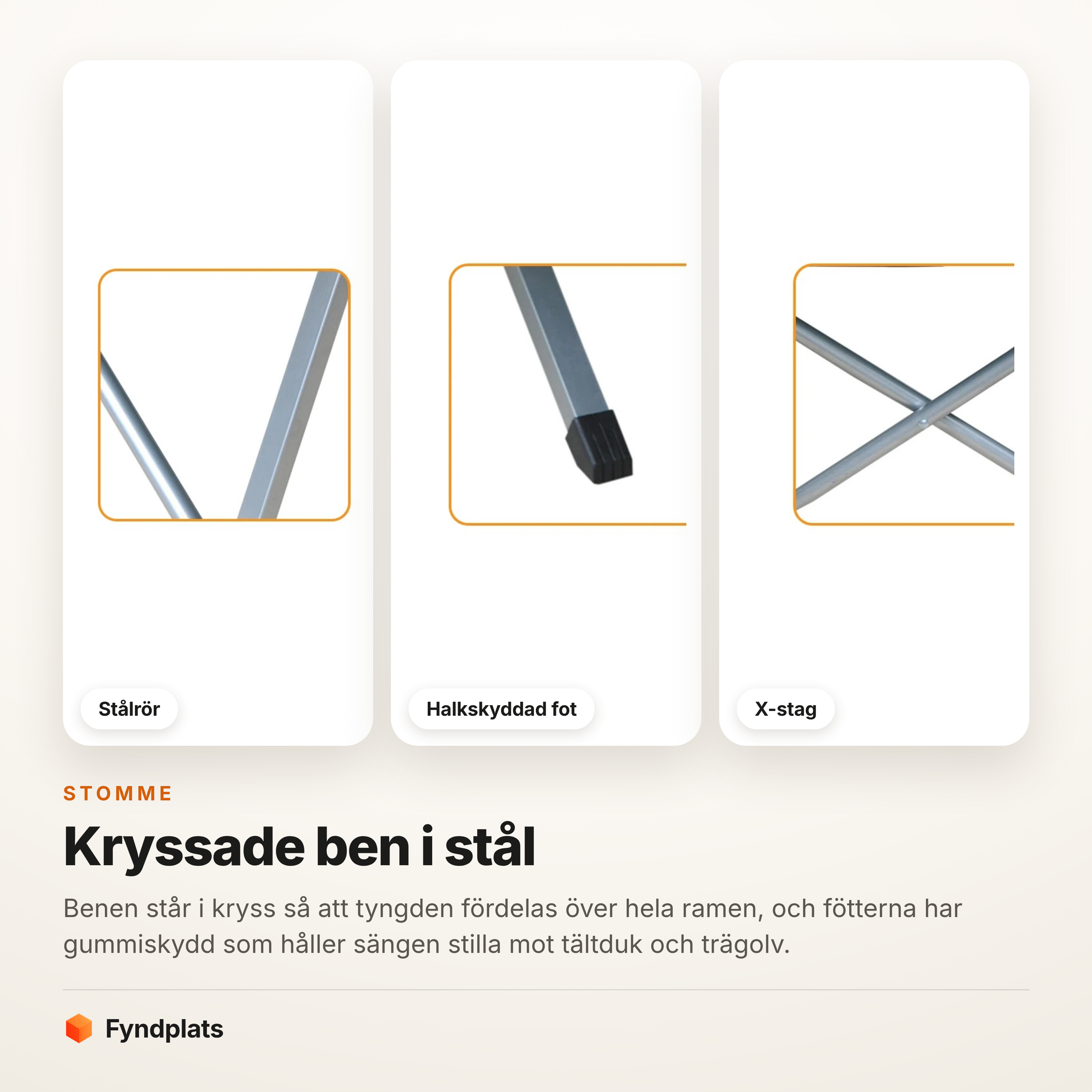 Kort: stålrör, halkskyddade fötter och X-stag
