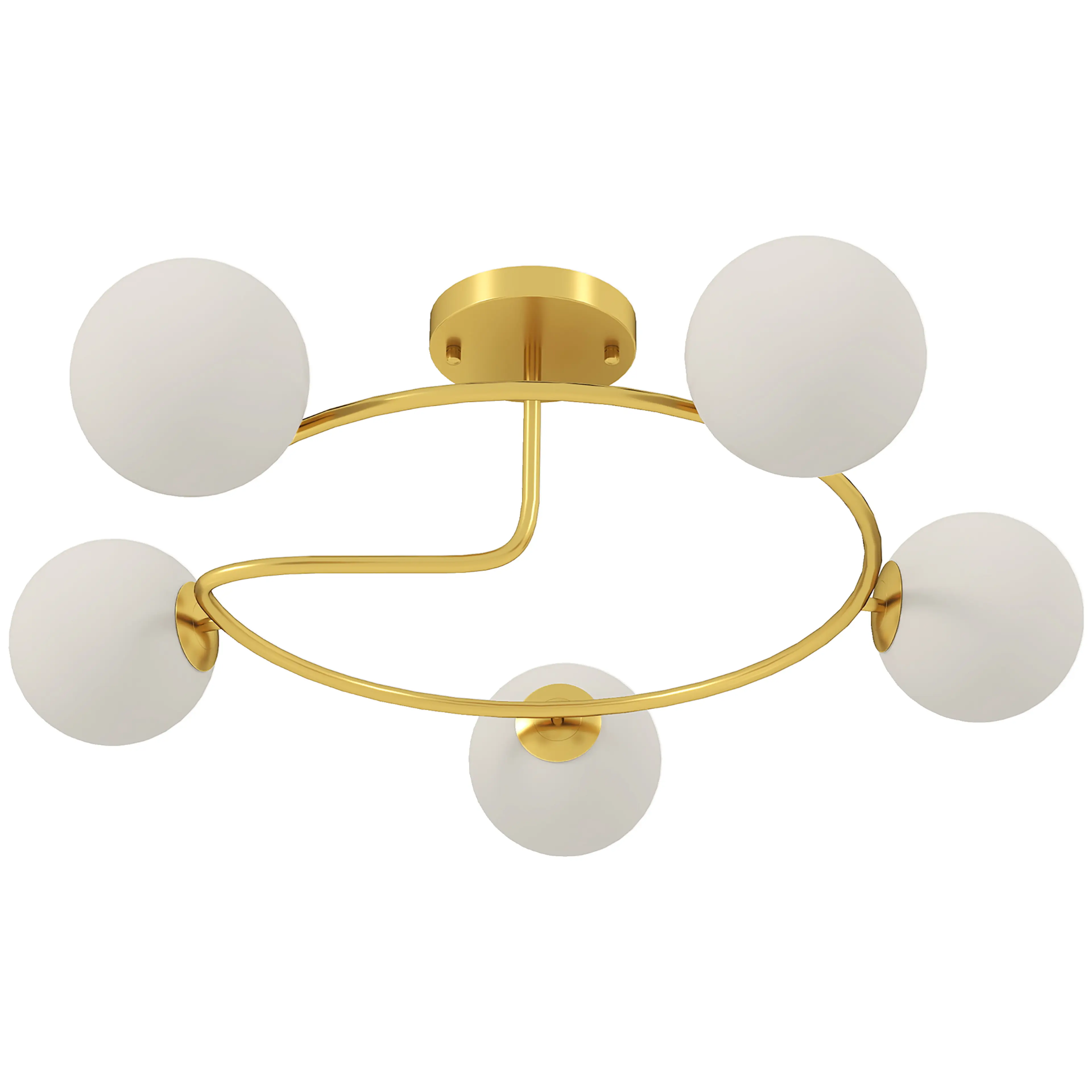 Taklampa med fem glaskulor Ø64 cm – guldram, G9, bara 20 cm hög