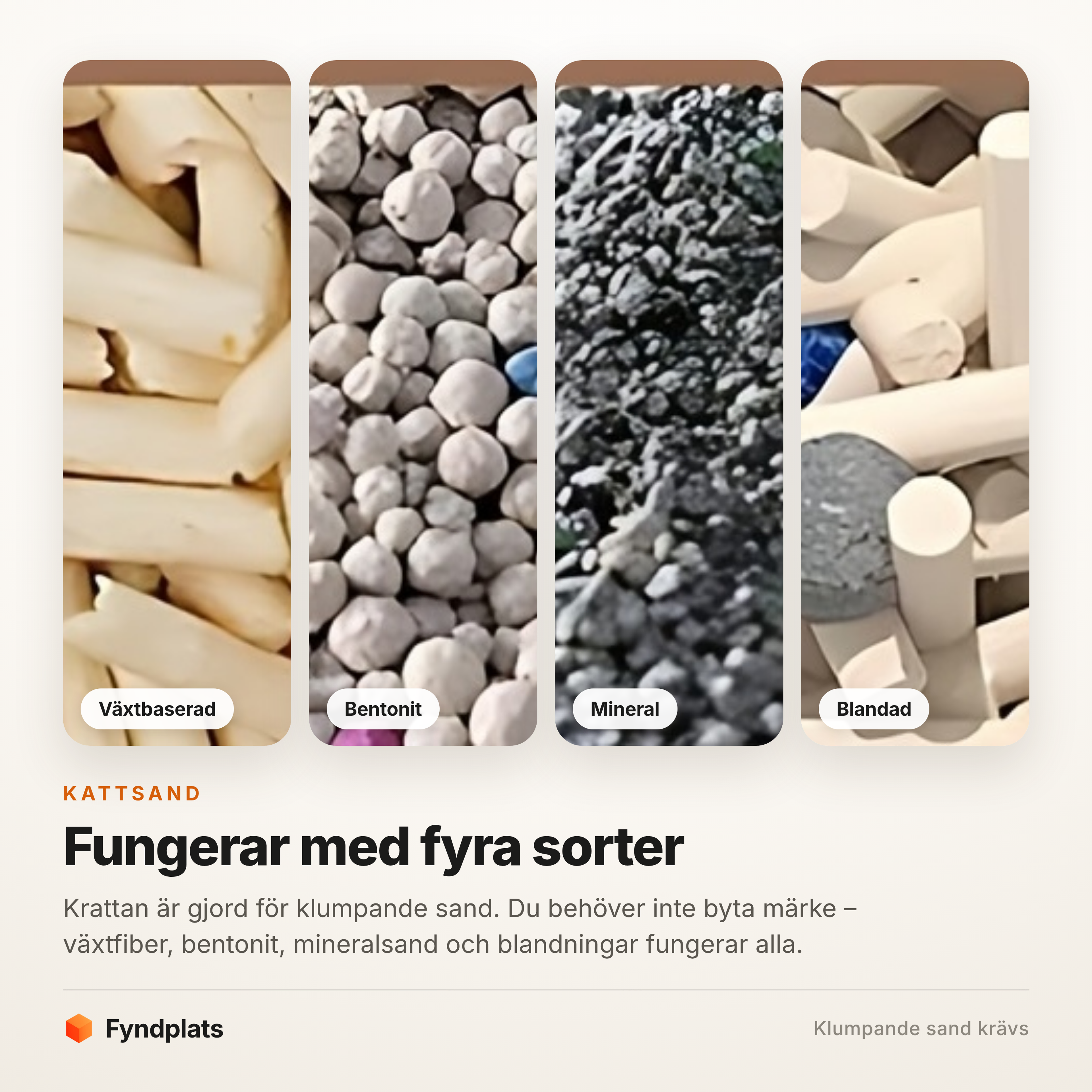 Fyra sorters klumpande kattsand: växtbaserad, bentonit, mineral och blandad