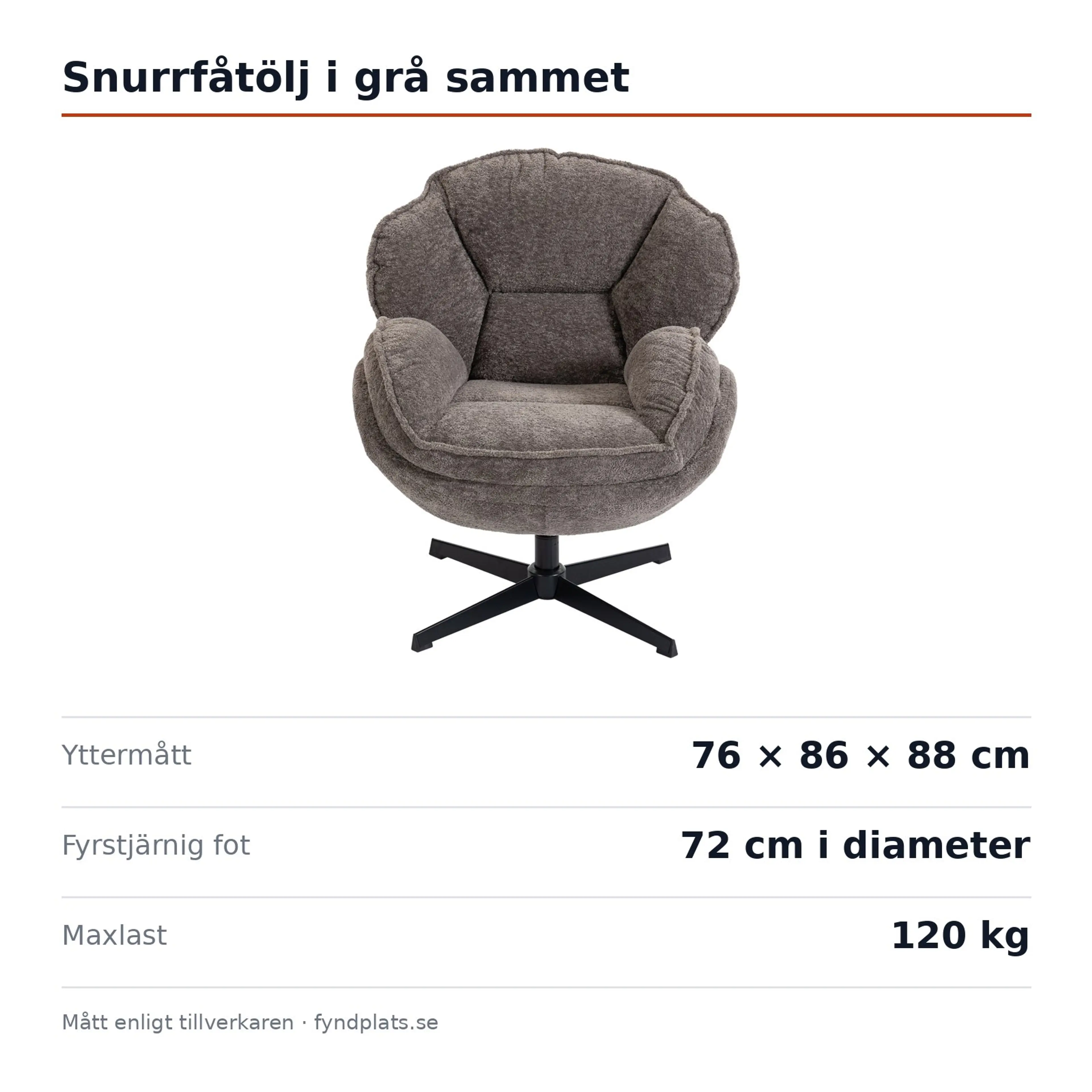 Spec-kort: snurrfåtölj 76 × 86 × 88 cm, fot 72 cm i diameter, maxlast 120 kg
