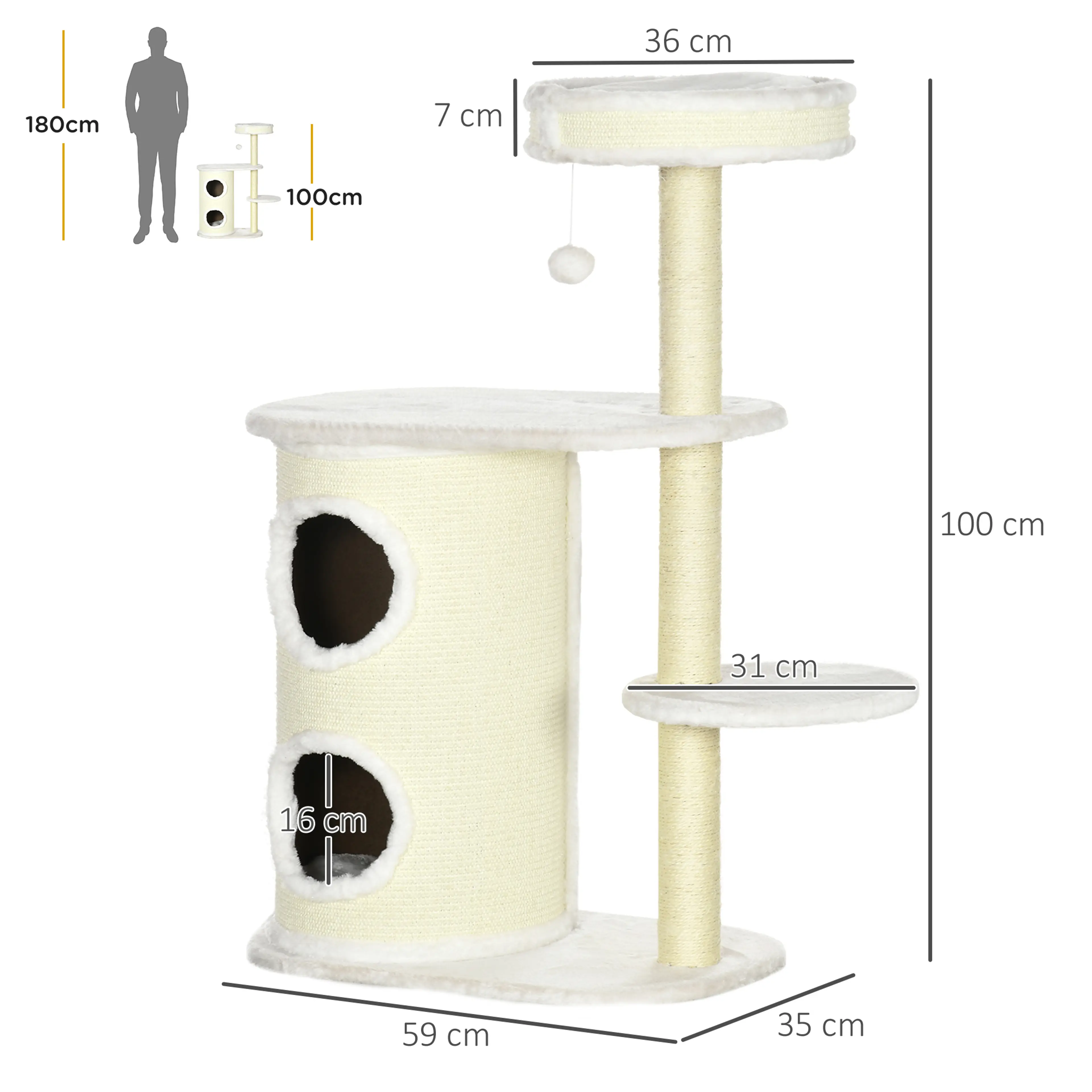 Måttskiss: 59 × 35 cm golvyta, 100 cm höjd, bädd 36 cm och ingång 16 cm, jämförd med en person på 180 cm