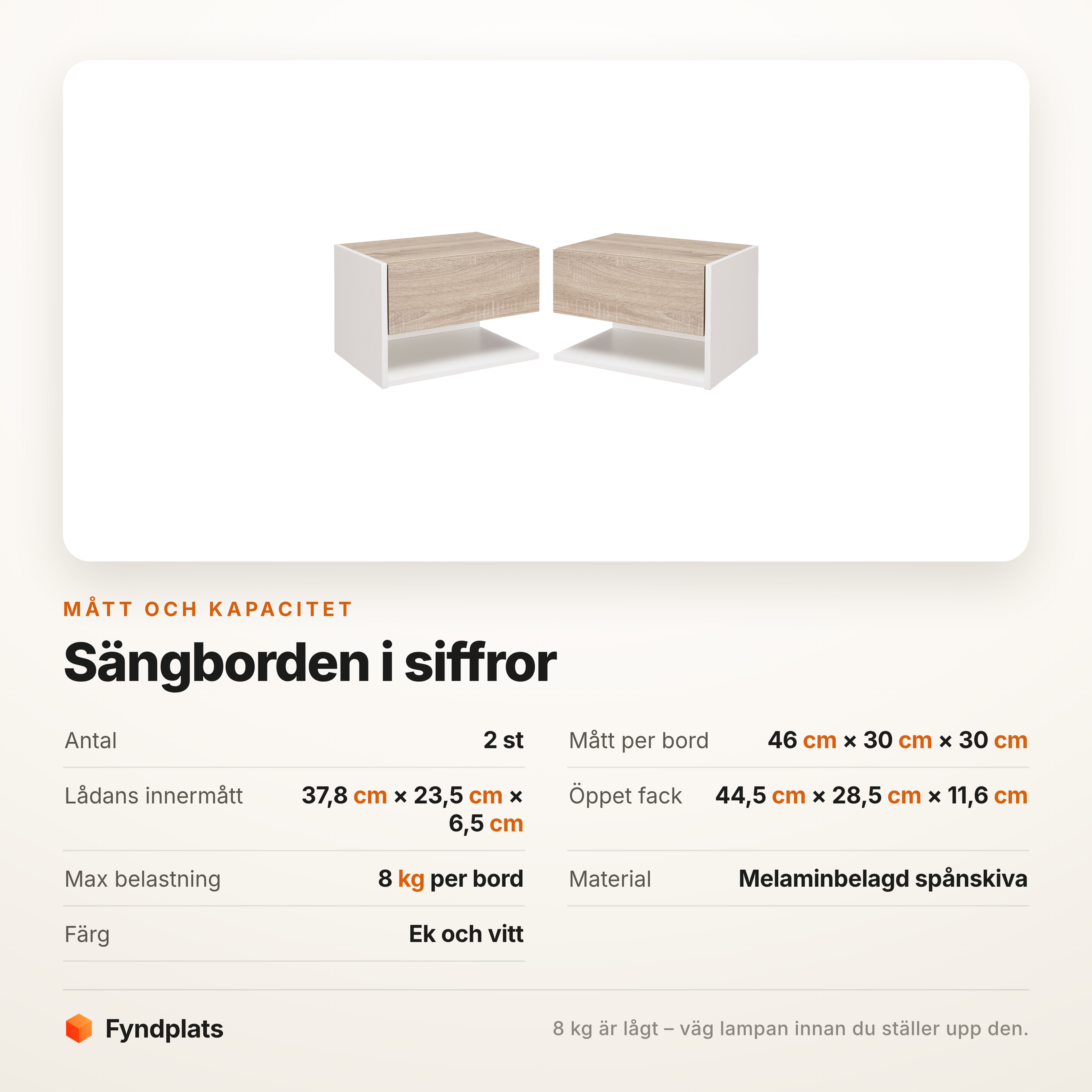Specifikationstabell för nattduksborden: mått, låda, fack och belastning