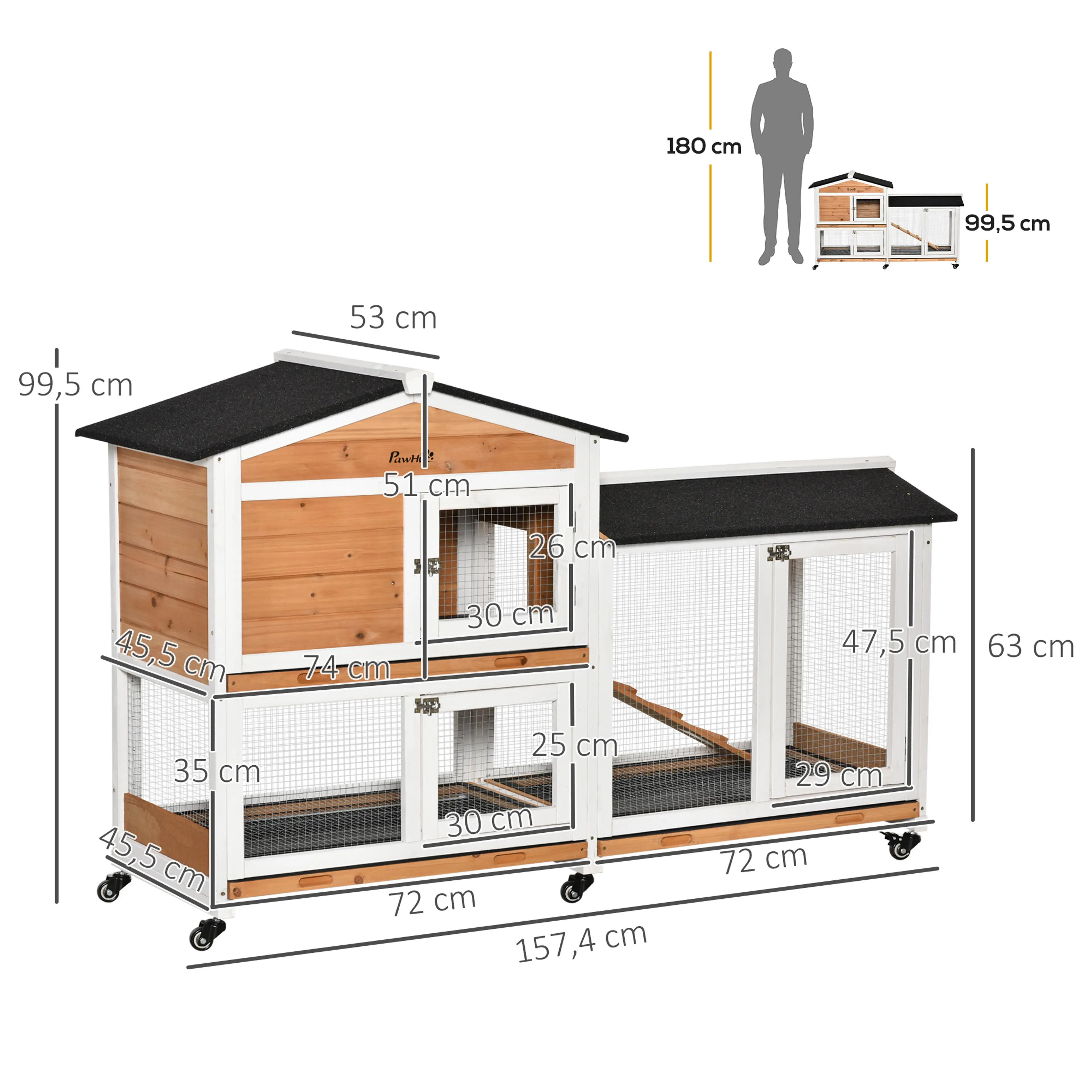 Måttskiss: 157,4 × 53 × 99,5 cm med sovhus och rastgård i två plan