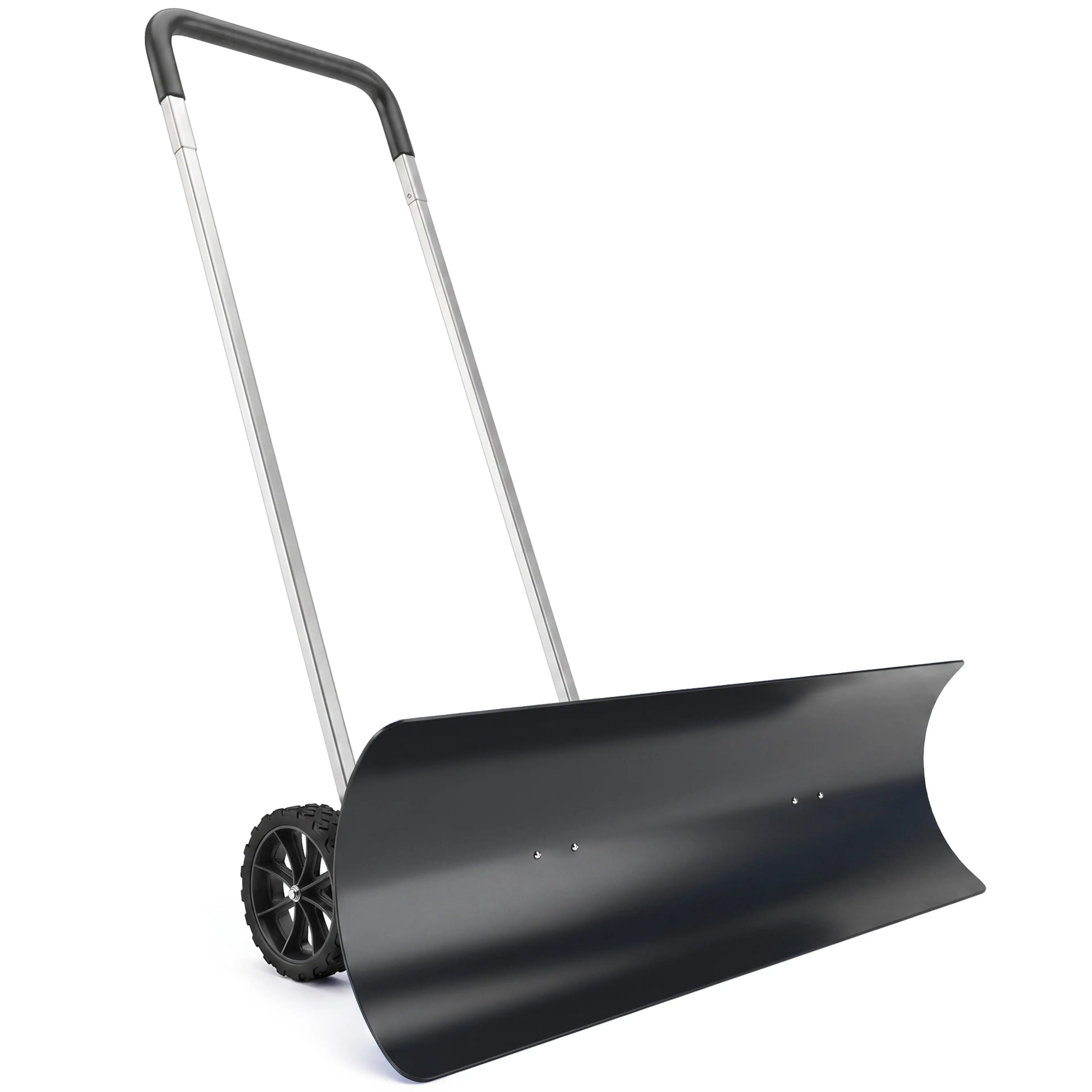 Snöskyffel med hjul, svart blad och skaft i aluminium, på vit bakgrund