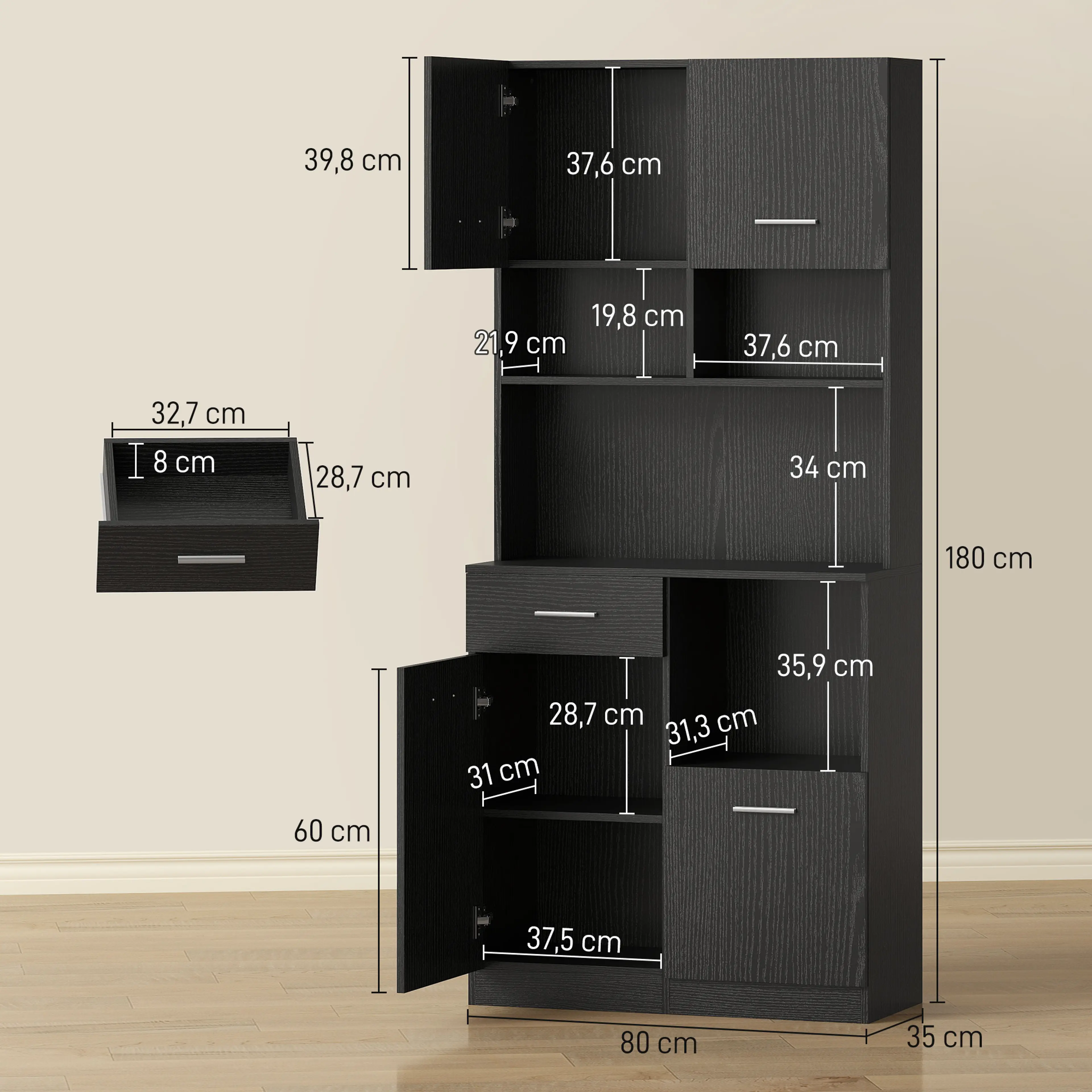 Måttbild: skåpet är 80 cm brett, 35 cm djupt och 180 cm högt, med mått på fack och låda