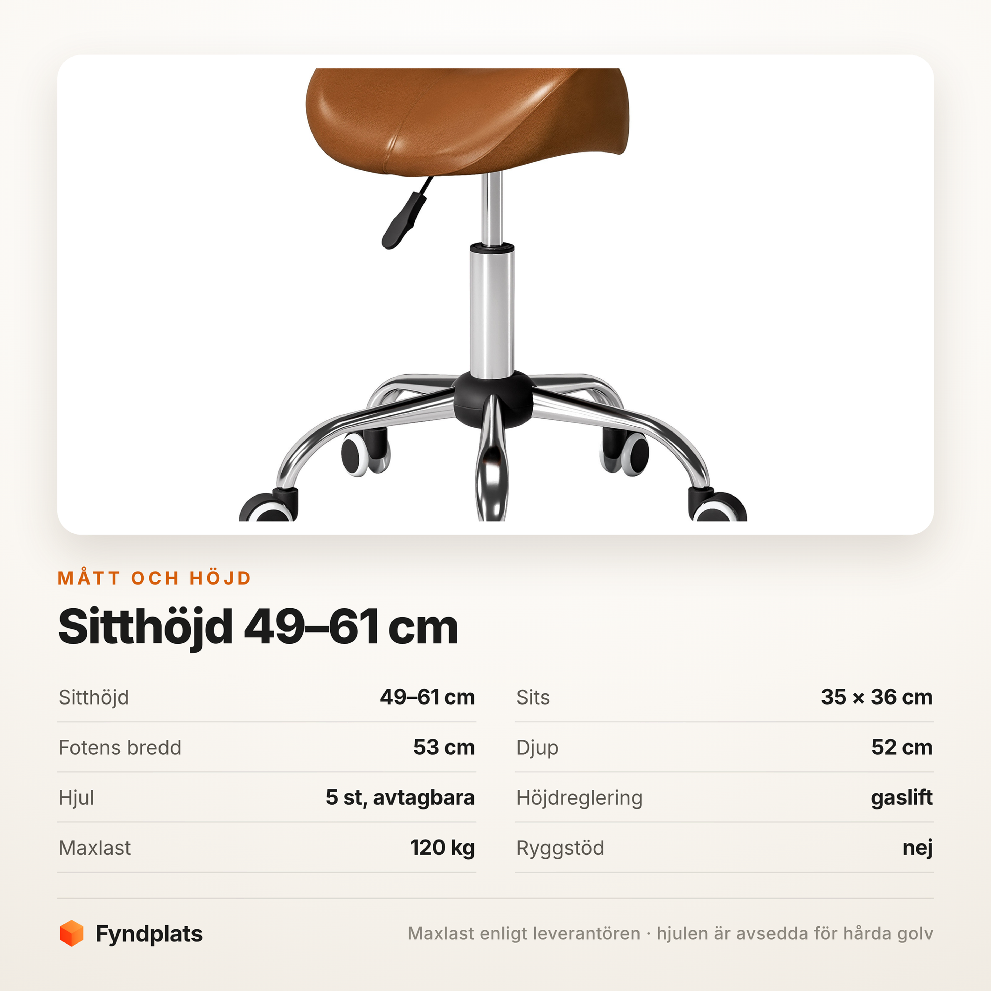 Specifikationskort för sadelpall med sitthöjd, sitsmått och maxlast