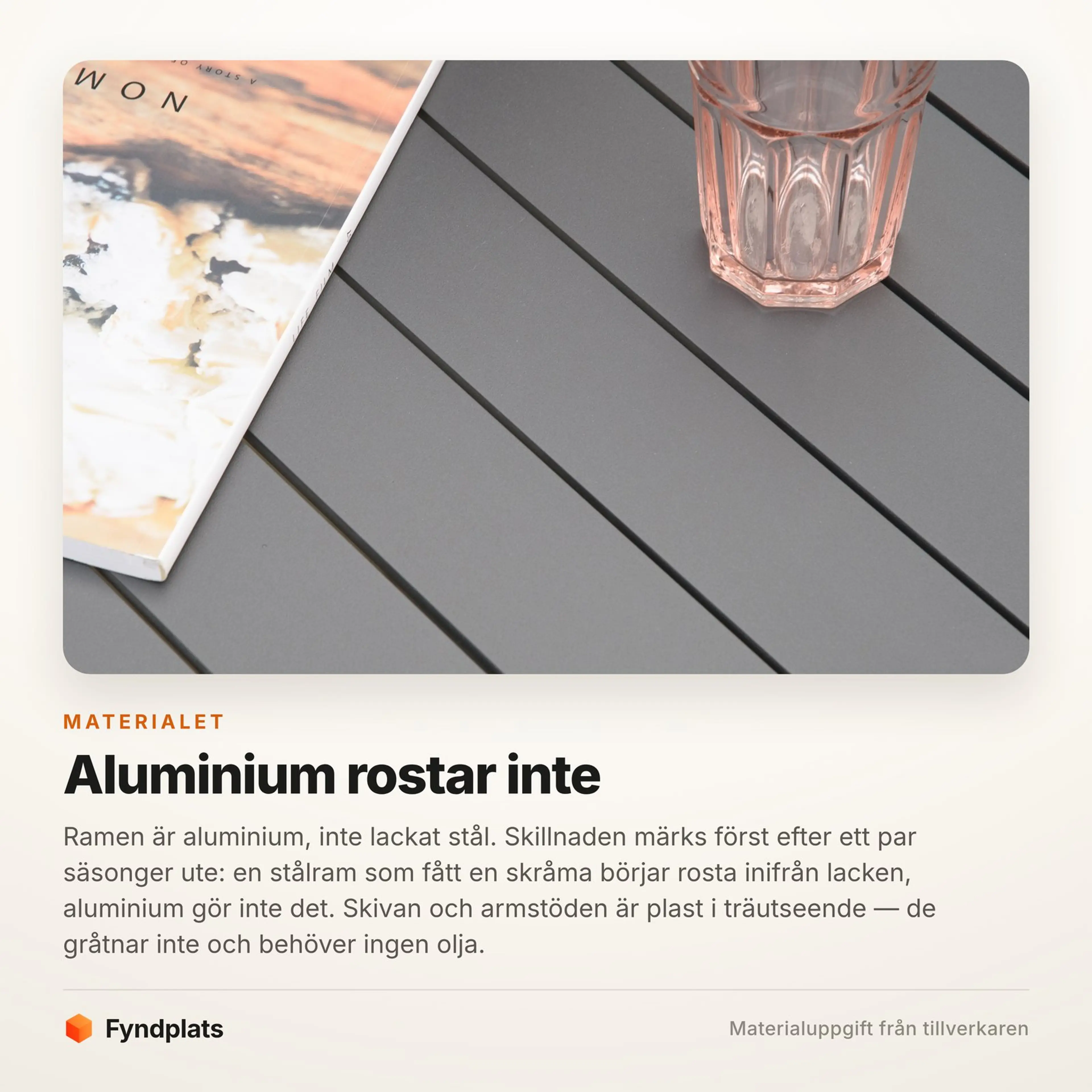 Fyndplats faktakort: aluminiumram rostar inte, skiva och armstöd i plast