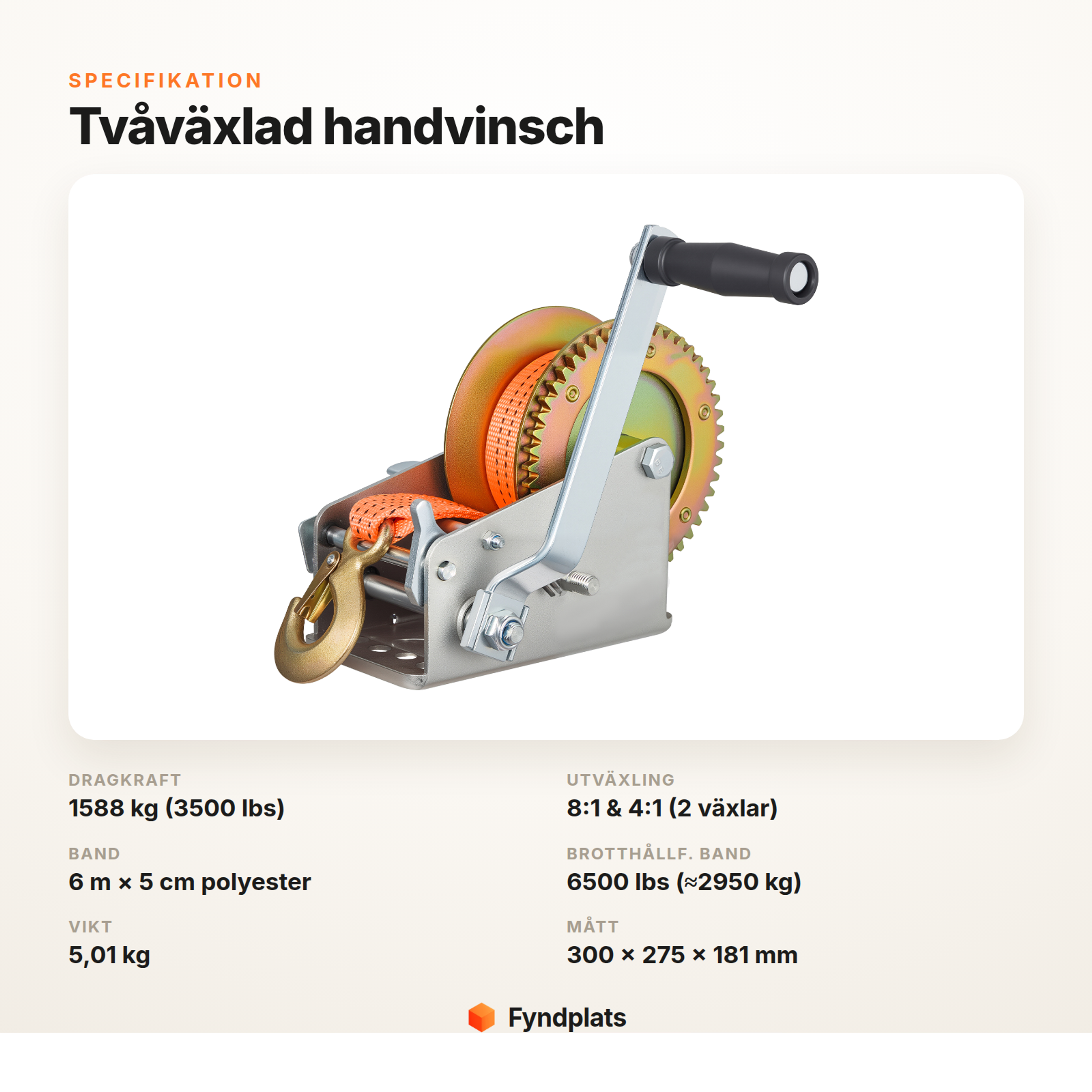 Specifikationskort: 1588 kg dragkraft, 6 m × 5 cm band, vikt 5,01 kg, mått 300 × 275 × 181 mm