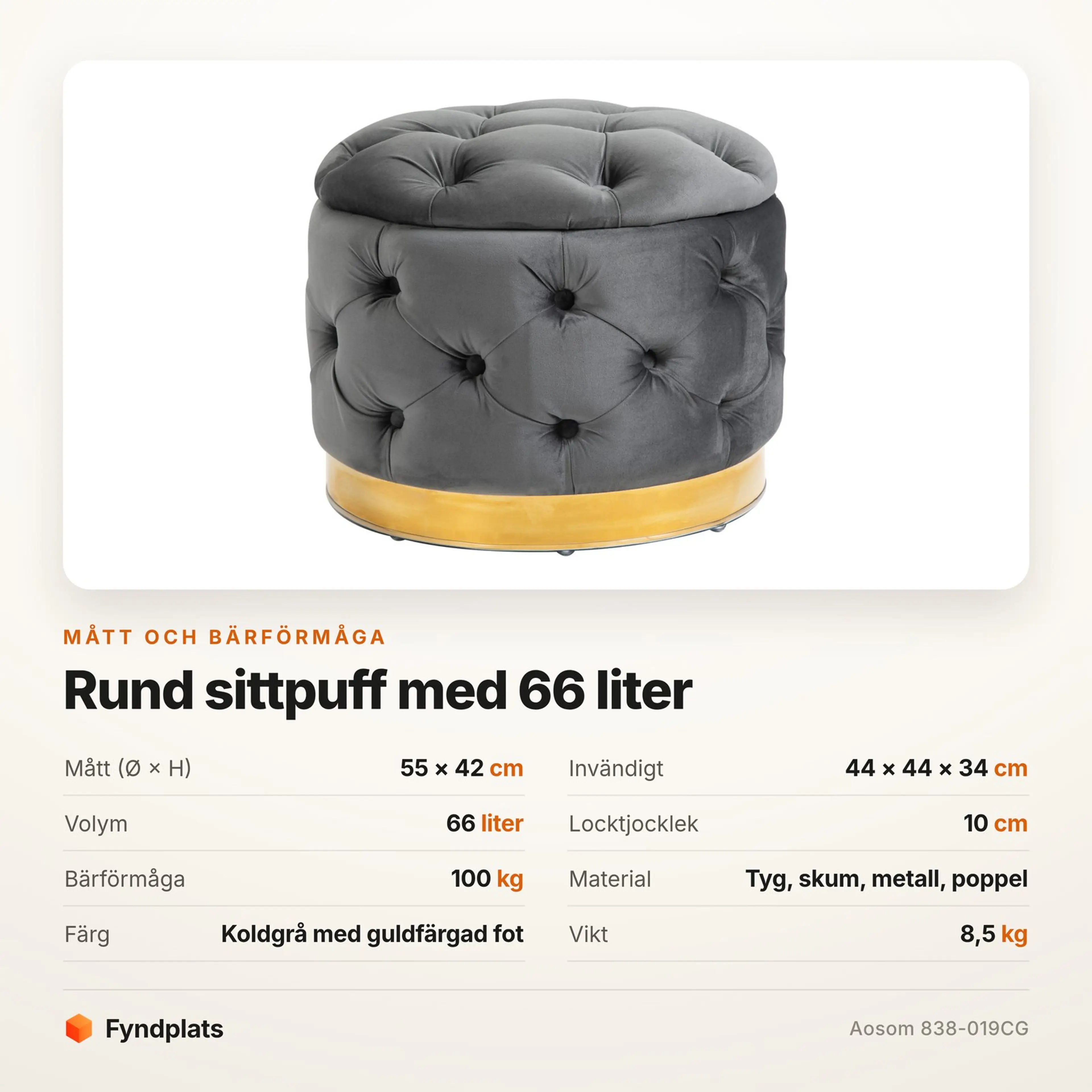 Fyndplats specifikationskort för sittpuffen med mått och bärförmåga