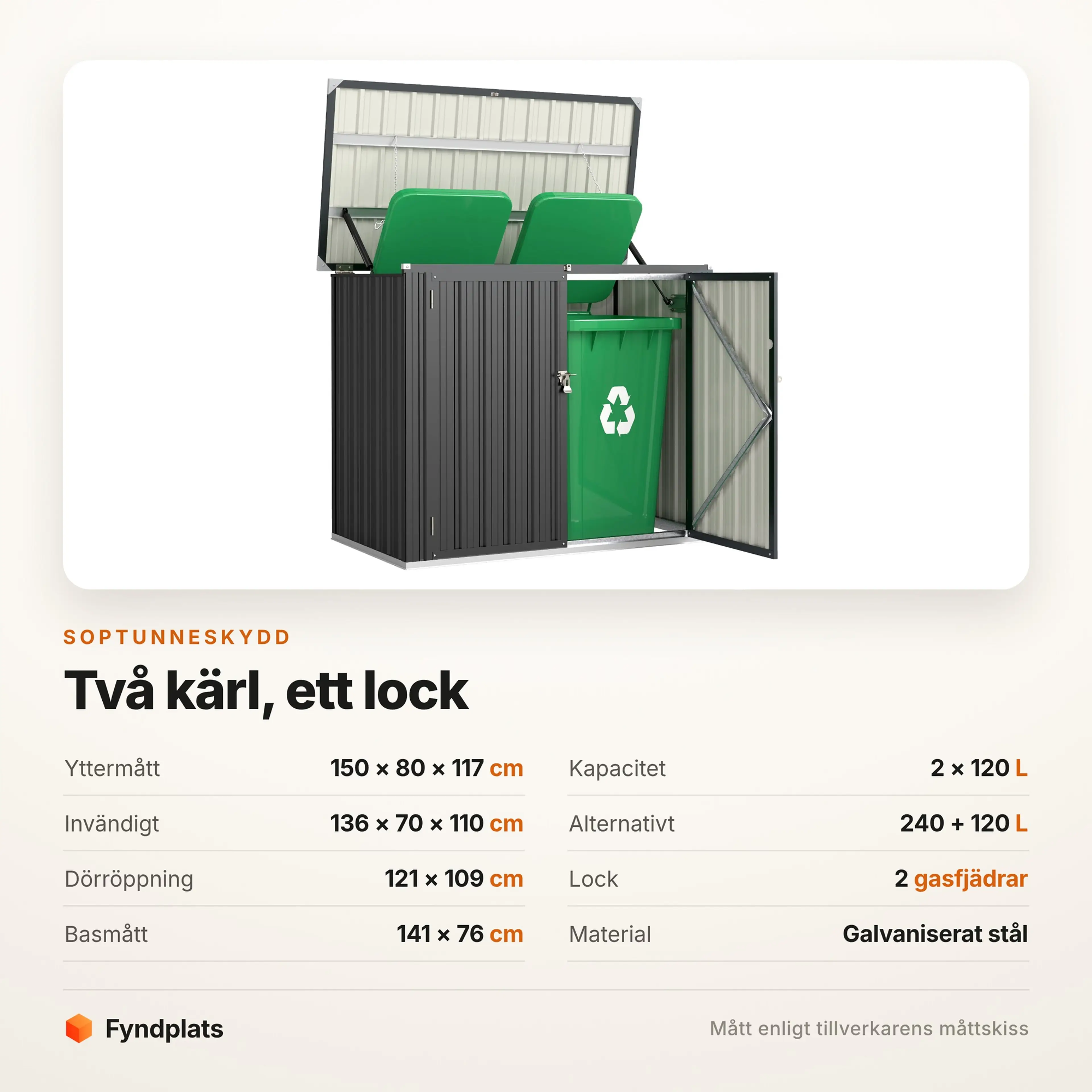 Fyndplats spec-kort: 150 × 80 × 117 cm utvändigt, 136 × 70 cm invändigt och plats för 2 × 120 liter