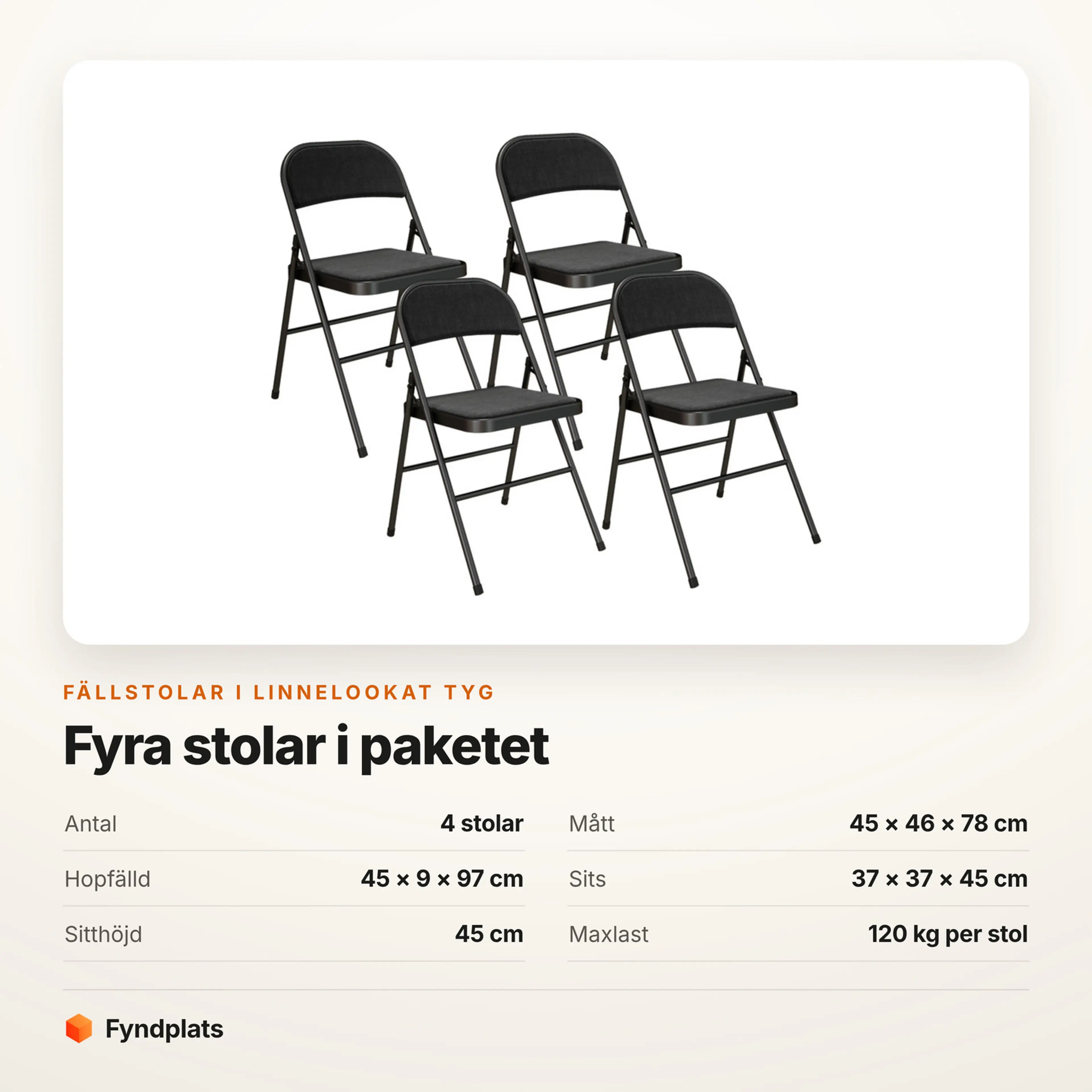 Faktakort: fällstolar 4-pack i tyg, mått, sitthöjd och maxlast