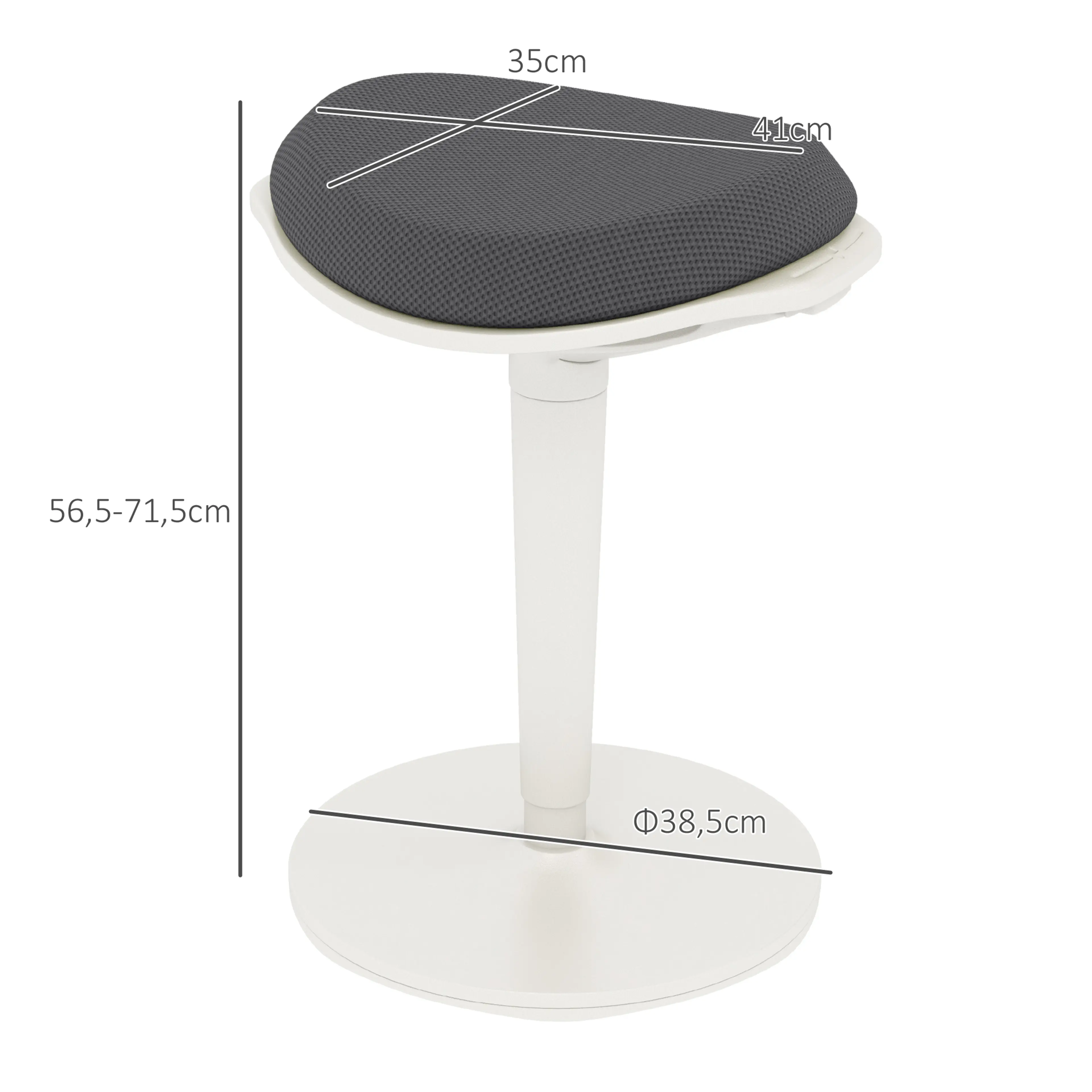 Måttskiss: pendelpallen är 56,5 till 71,5 cm hög med 38,5 cm fot