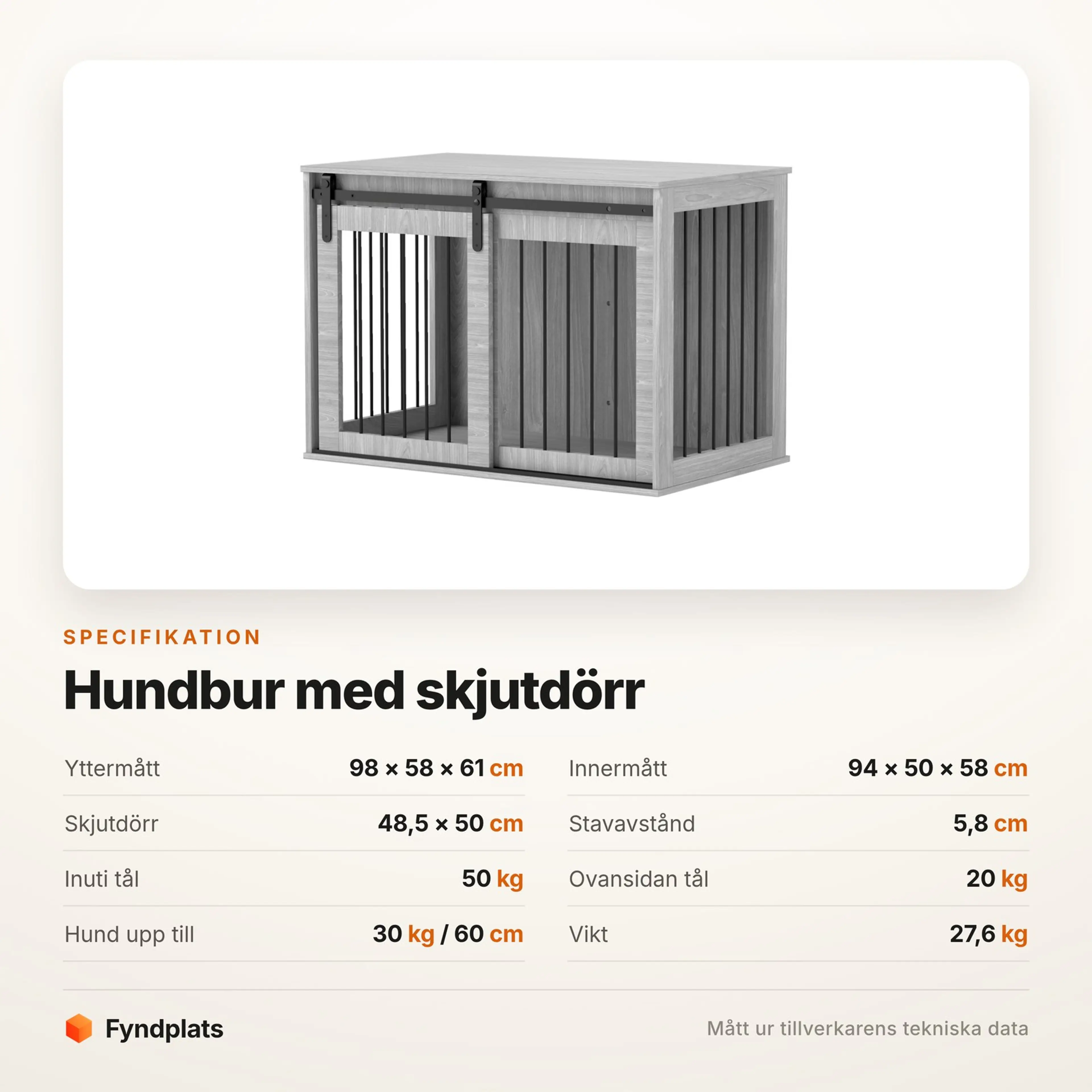 Spec-kort för hundbur med skjutdörr med mått, stavavstånd och bärförmåga