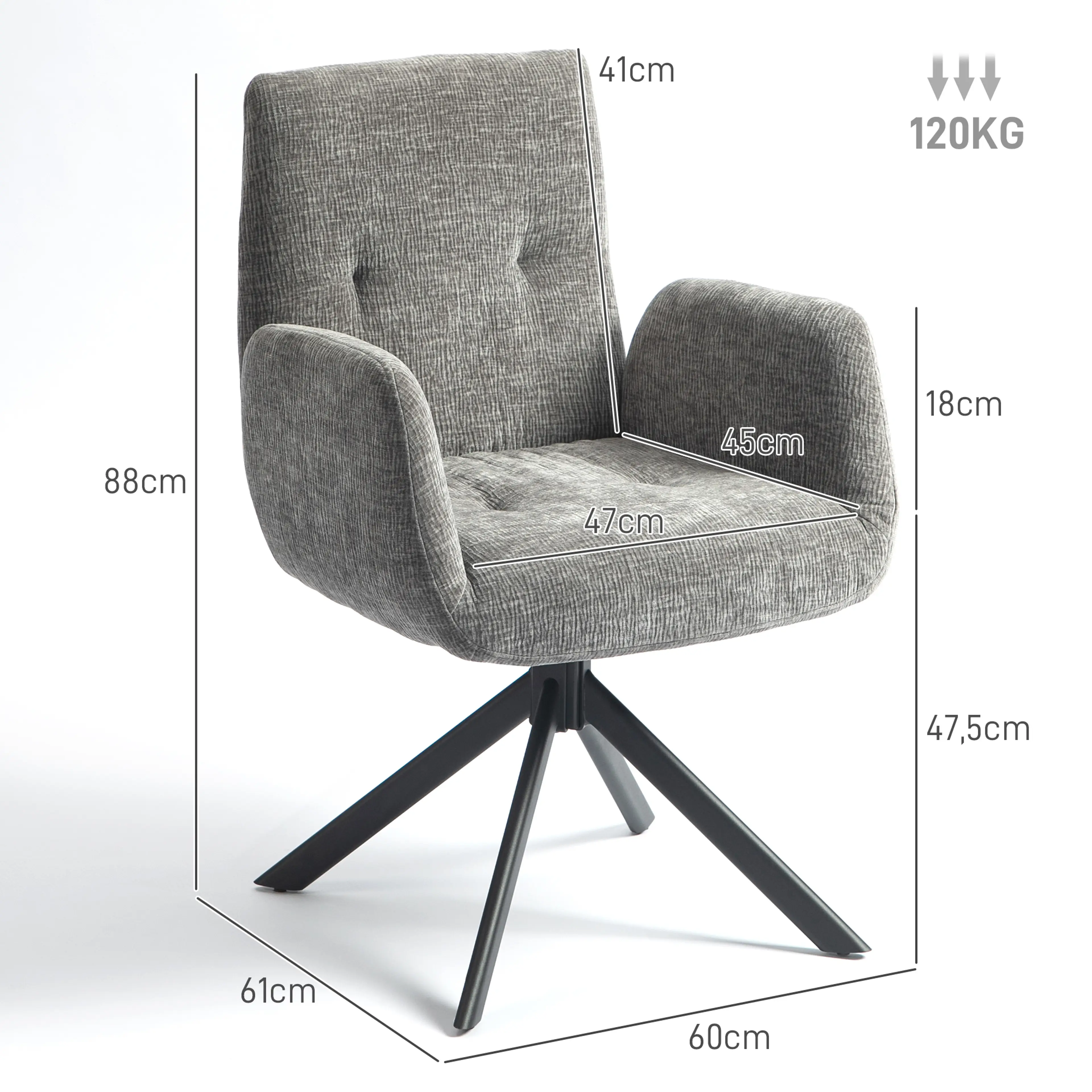 Måttritning: fåtöljen är 60 cm bred, 61 cm djup och 88 cm hög, sitsen 47 × 45 cm på 47,5 cm höjd