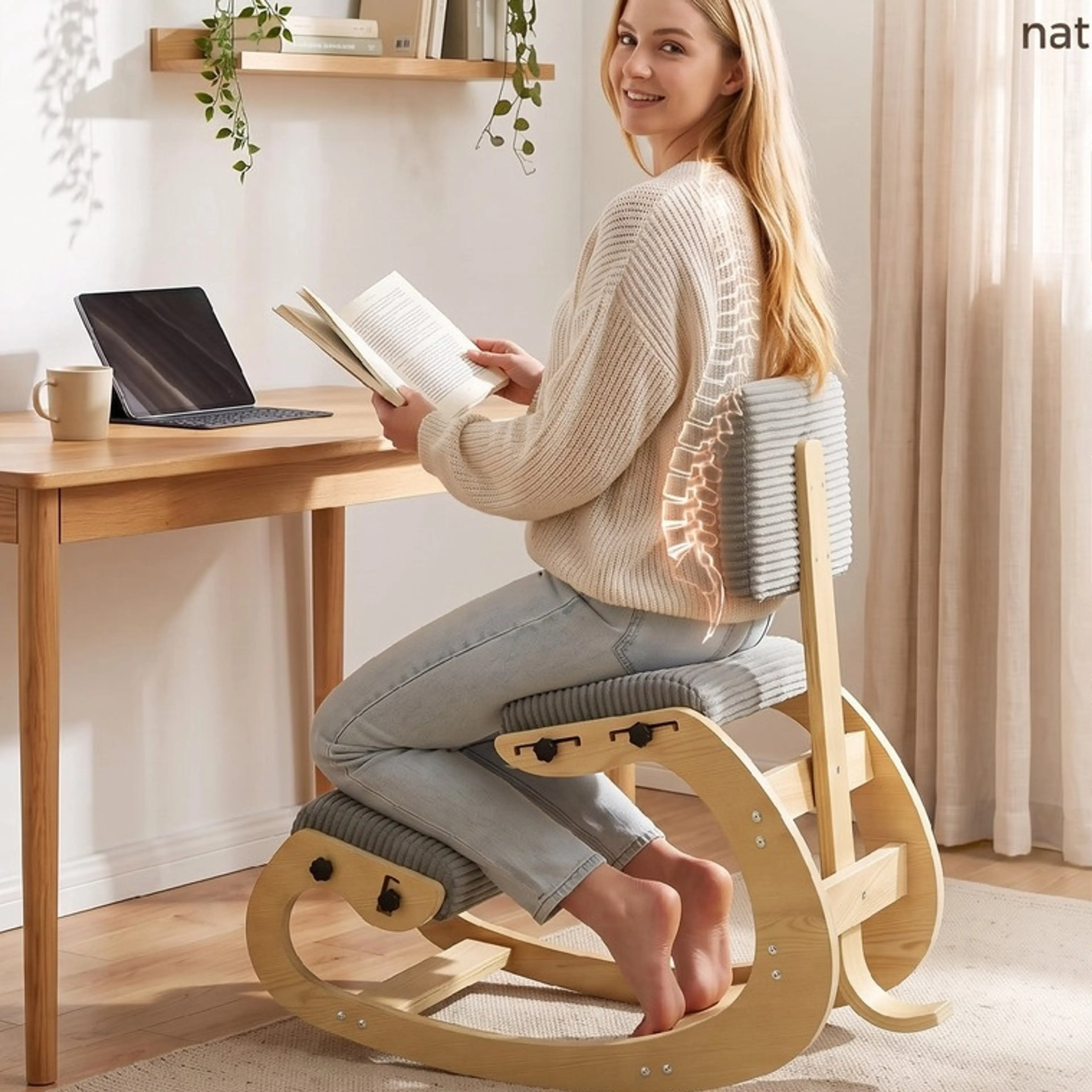 Knästol med ryggstöd i ett hemmakontor med skrivbord och växthyllor