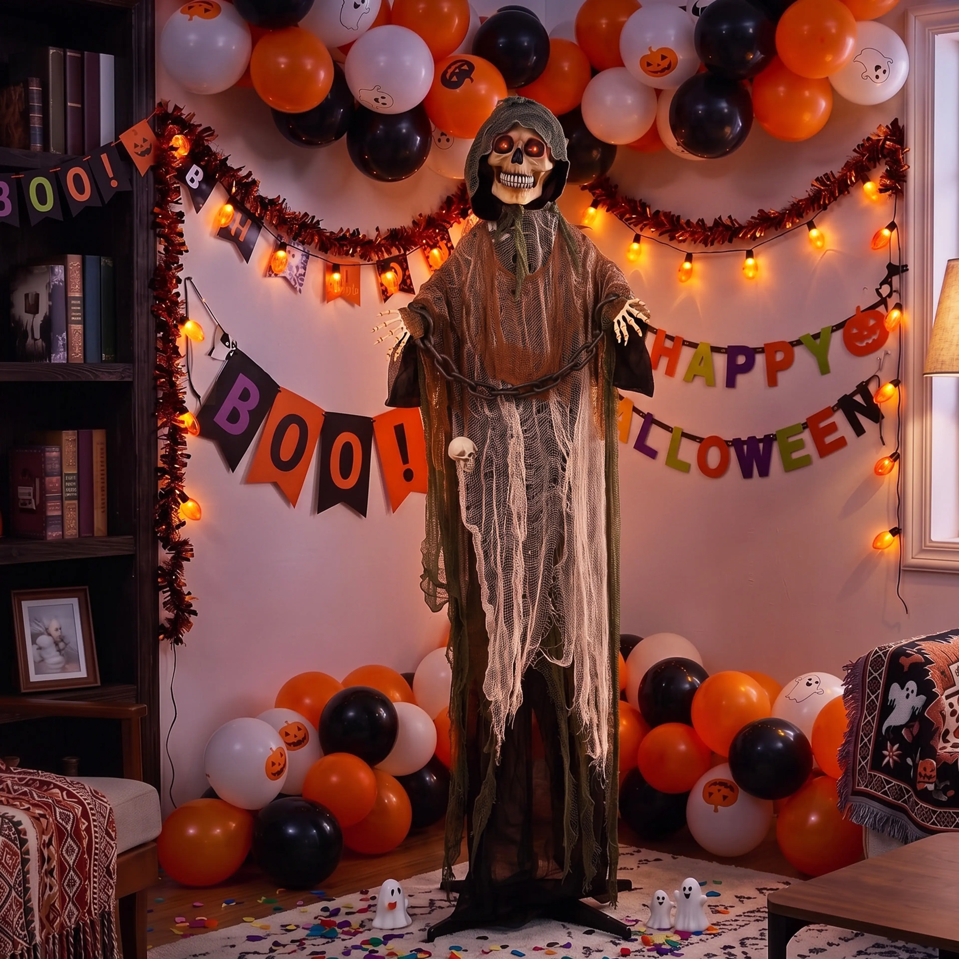 Figuren bland ballonger och halloweenpynt