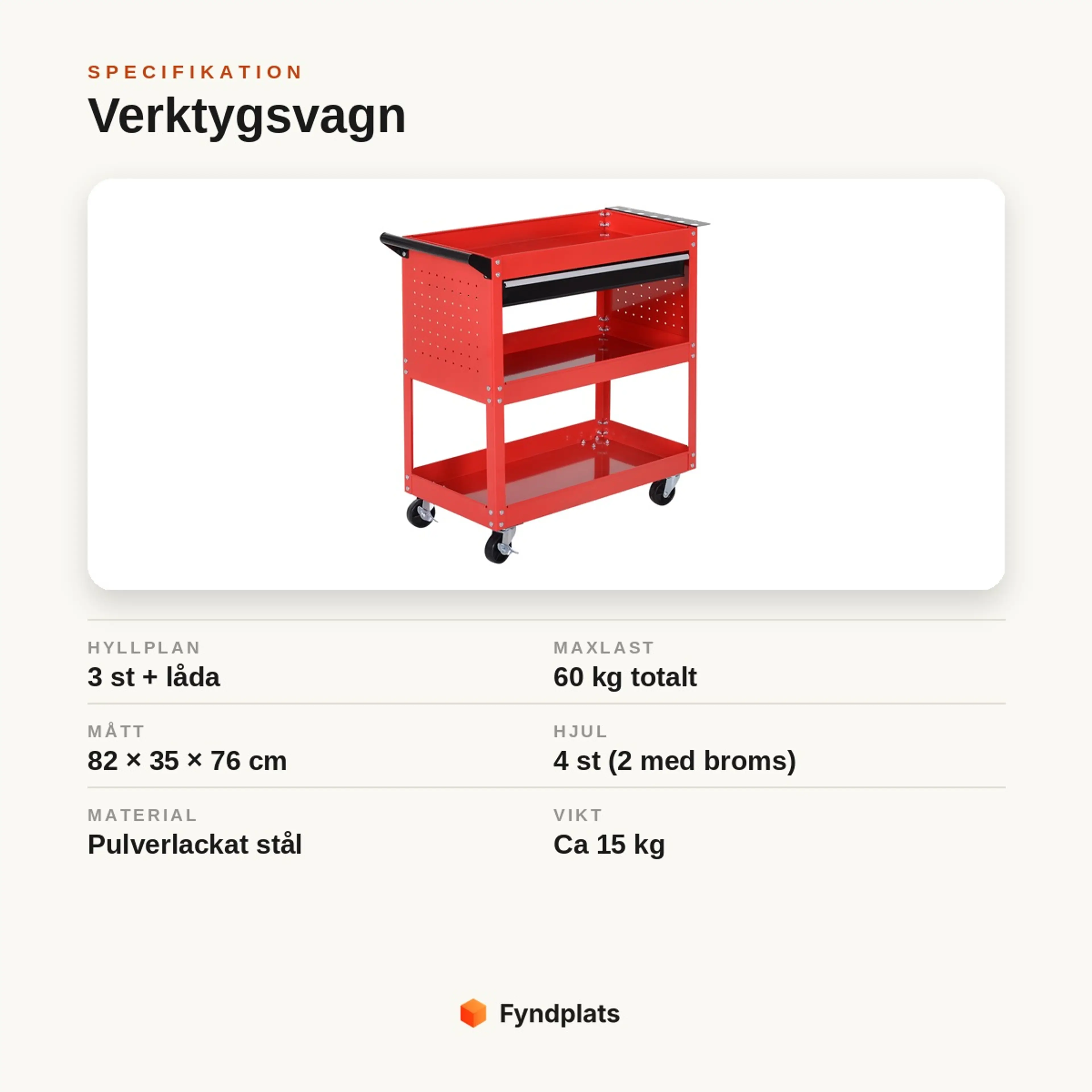 Specifikation för verktygsvagn: 3 hyllplan och låda, maxlast 60 kg, mått 82 × 35 × 76 cm, pulverlackat stål.