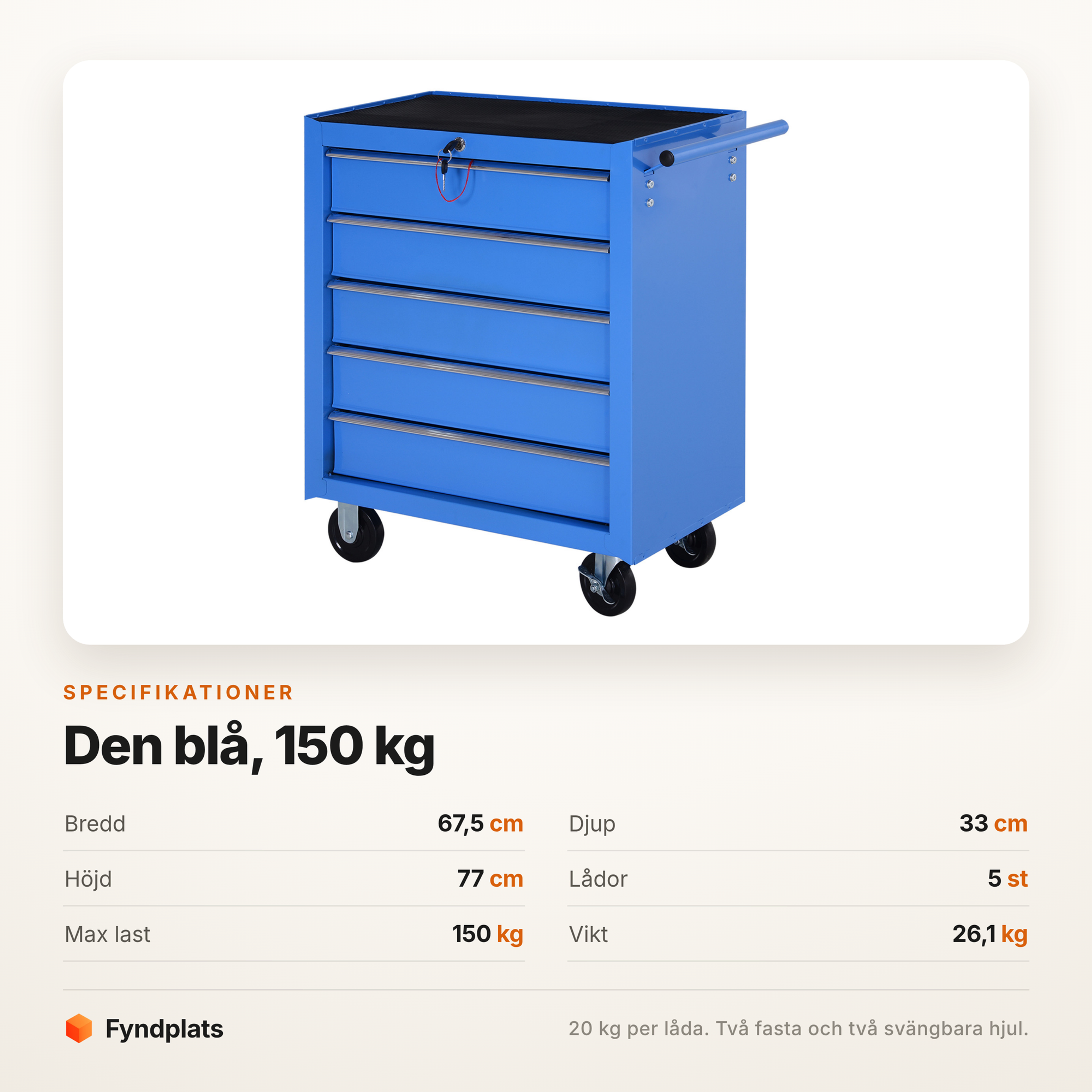 Specifikationer: 67,5 × 33 × 77 cm, fem lådor, 150 kg bärighet och 26,1 kg