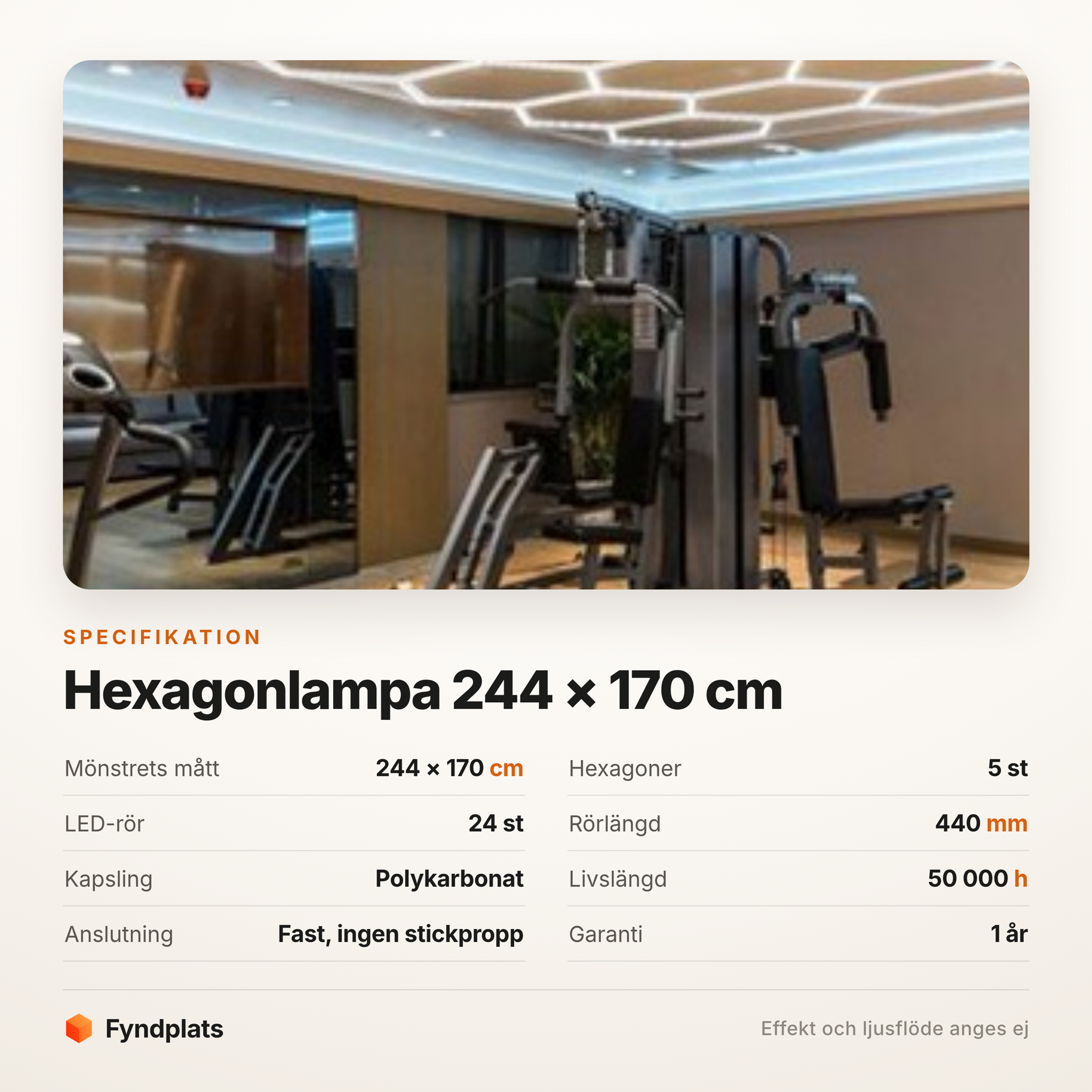 Specifikation för hexagonlampa – 5 hexagoner, 24 rör, 50 000 timmar