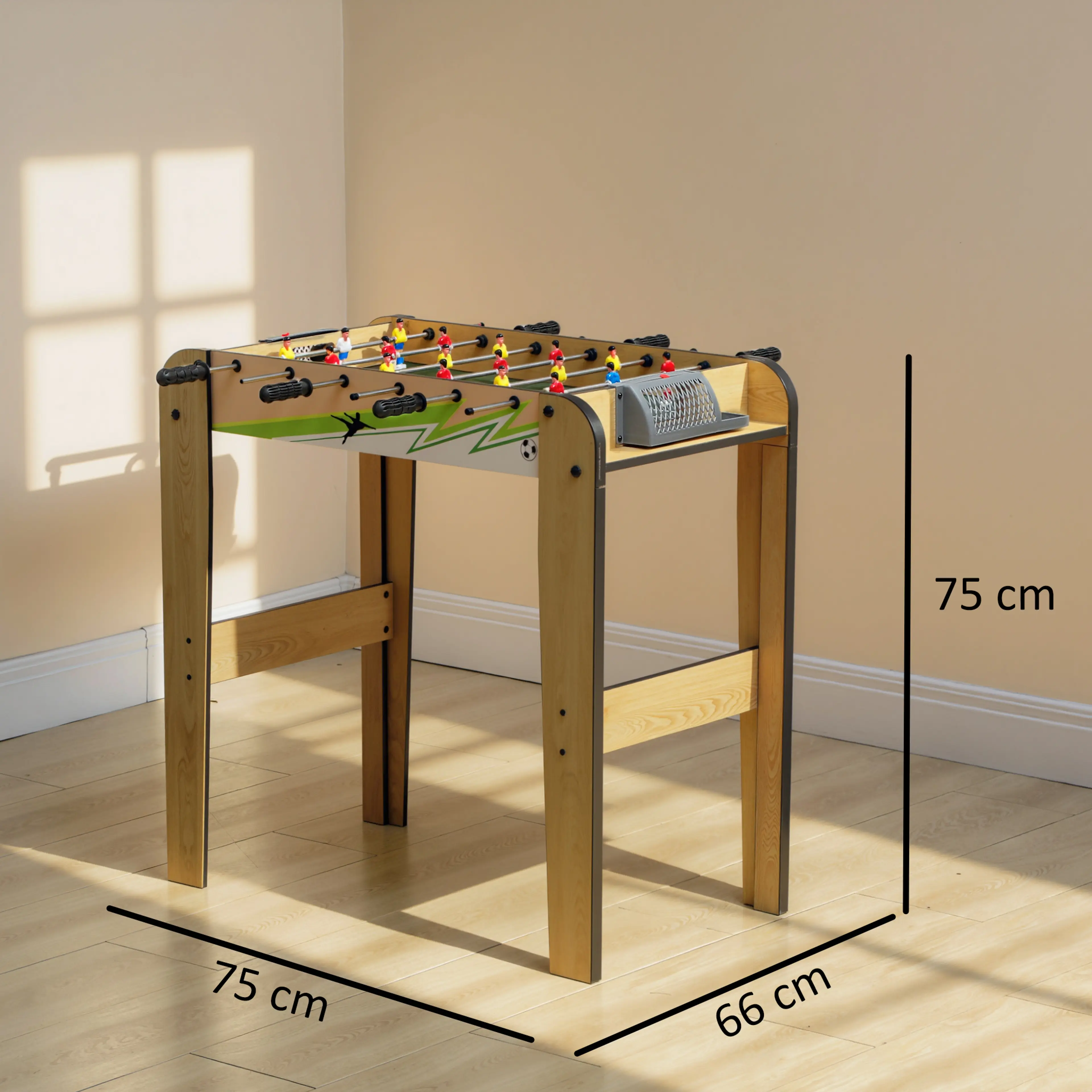 Måttbild av fotbollsspelet: 75 cm högt, 75 cm långt och 66 cm djupt