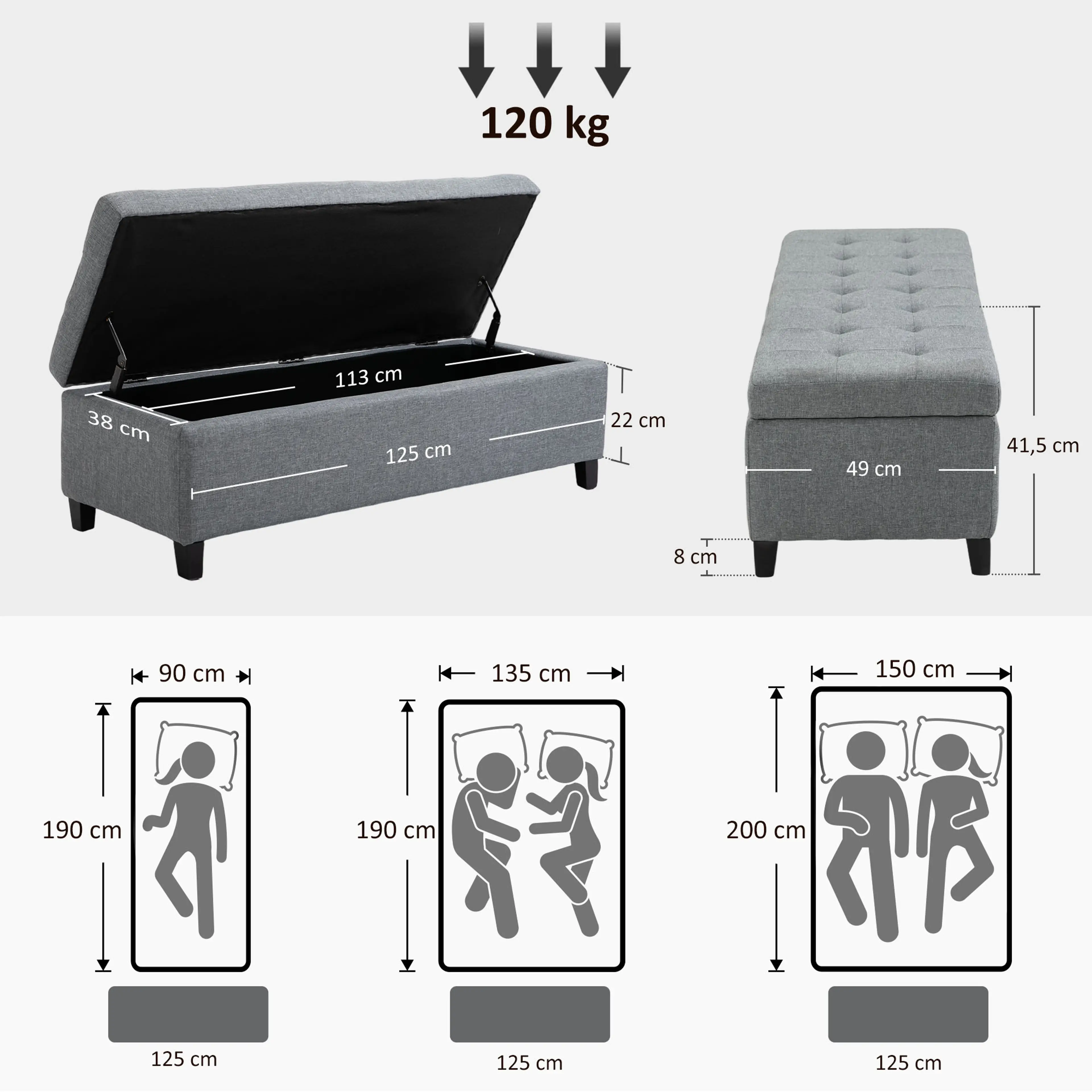 Ottomanbänk 125 cm med förvaring, grå – bild 4