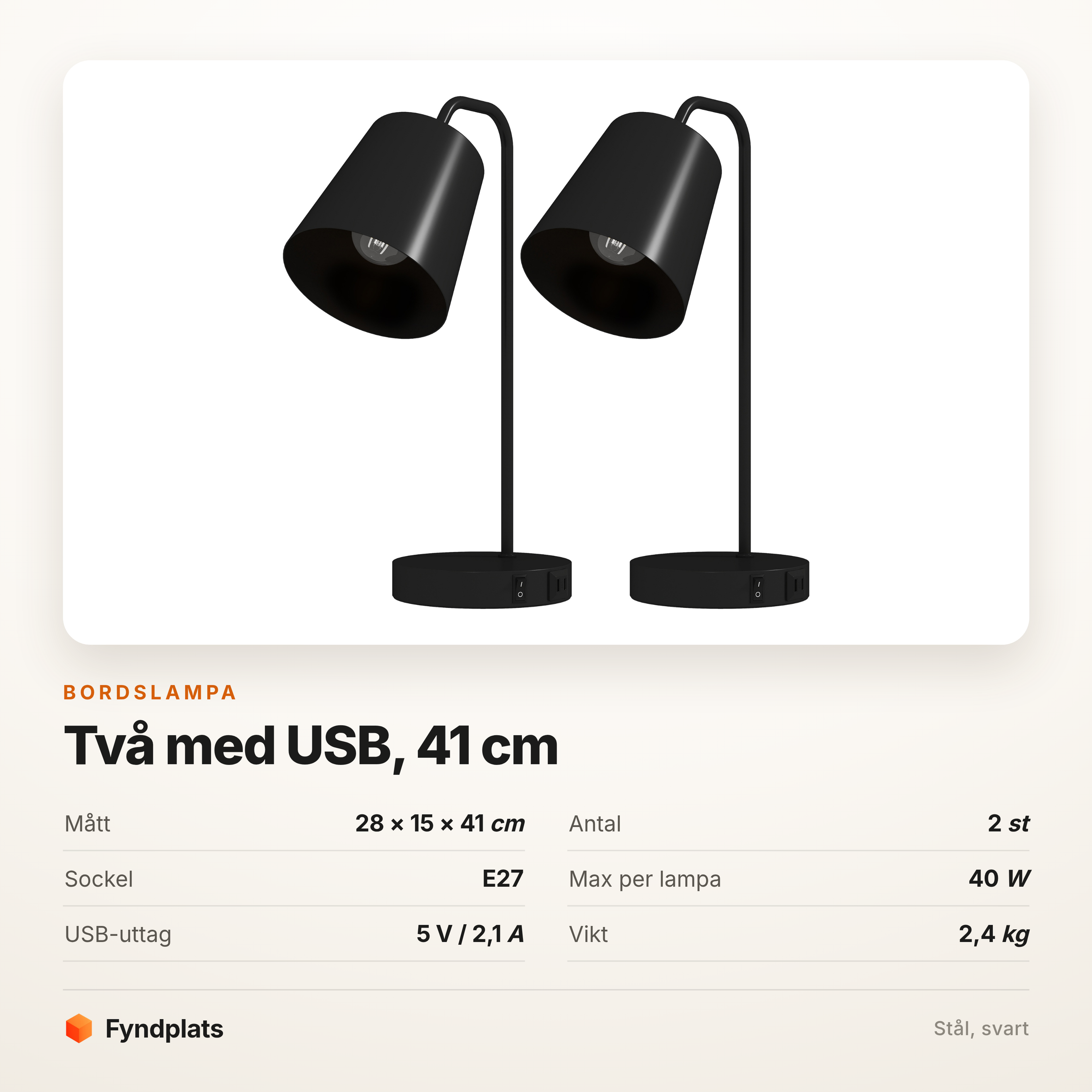 Bordslampor med USB 2-pack – 41 cm i svart stål, uttag i foten – bild 5
