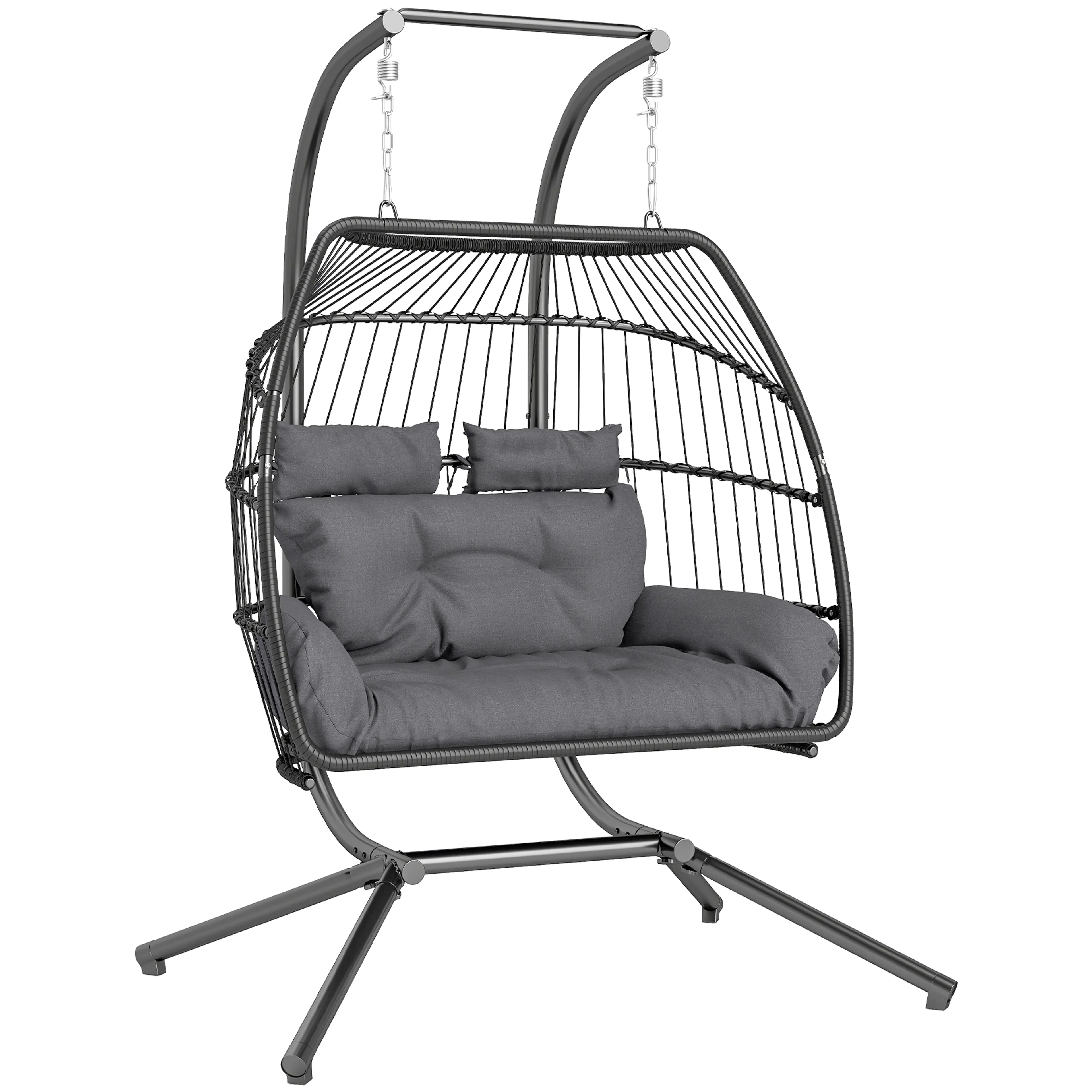 Hängstol för två i PE-rattan med stativ och dynor – 170 × 100 × 185 cm