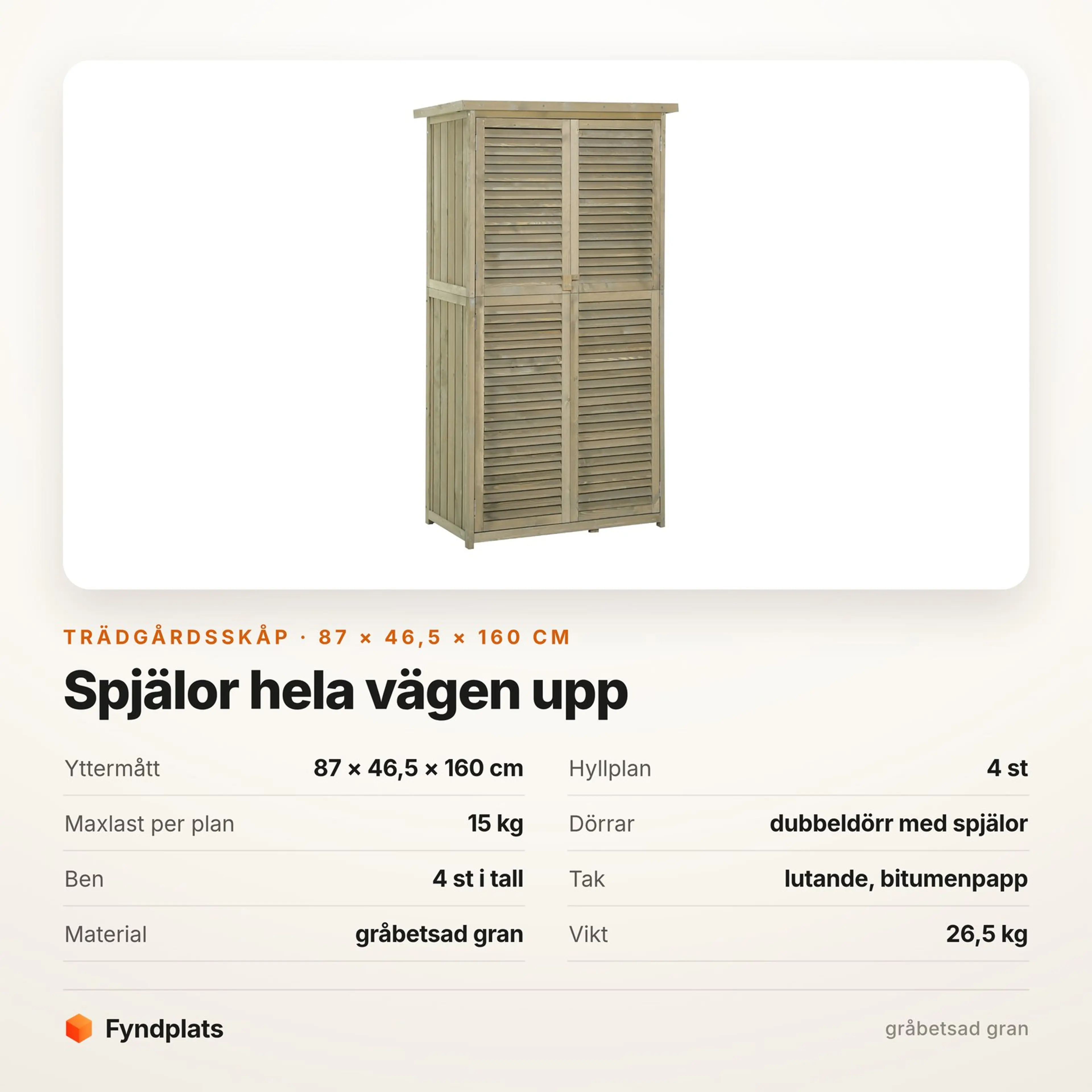 Faktakort: spjälor i hela dörrhöjden, fyra hyllplan och 15 kg per plan