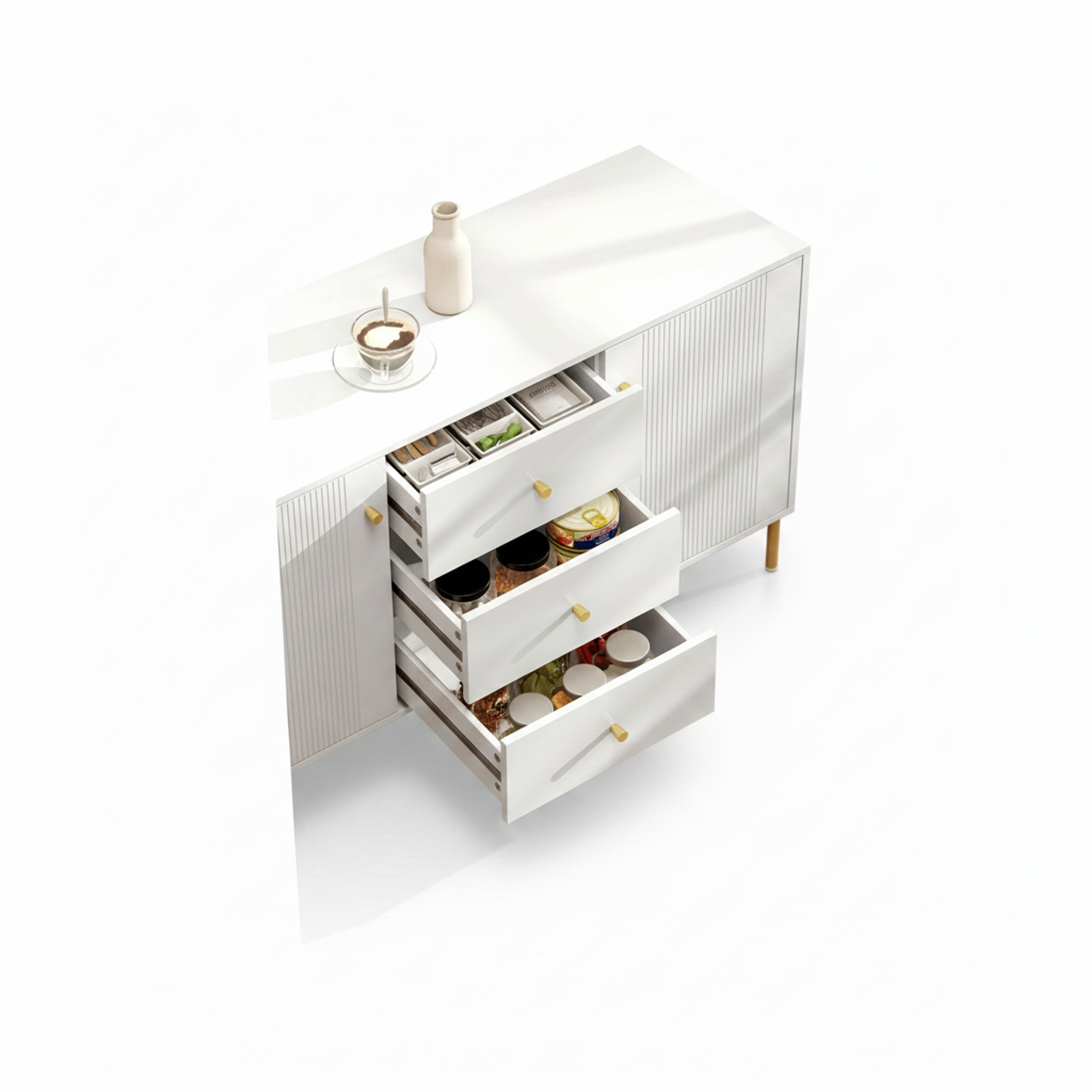 Skänk 120 cm – sideboard med 2 dörrar & 3 lådor, vit med guldben