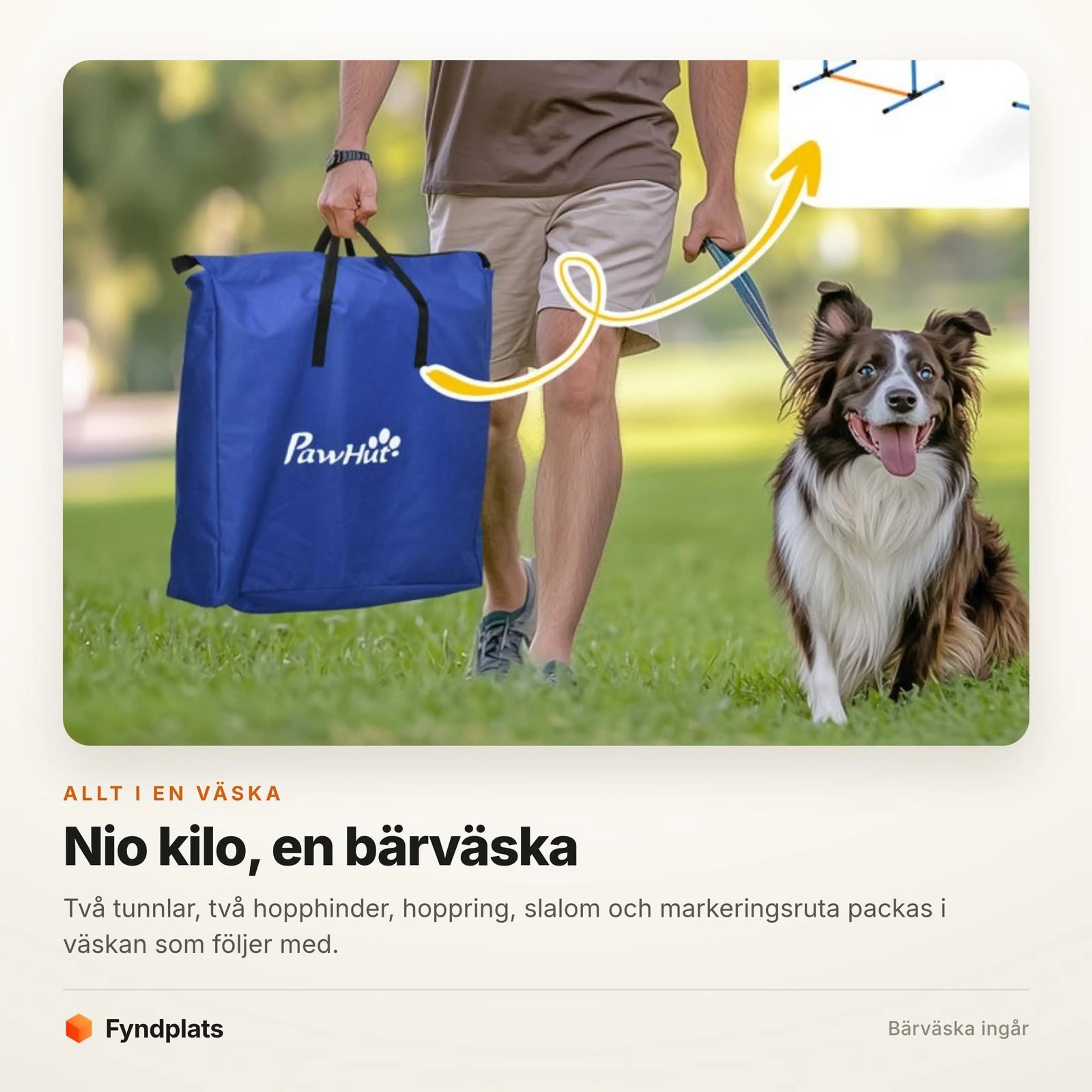 Bärväskan till agilitybanan bärs i en hand ute på gräset bredvid en border collie