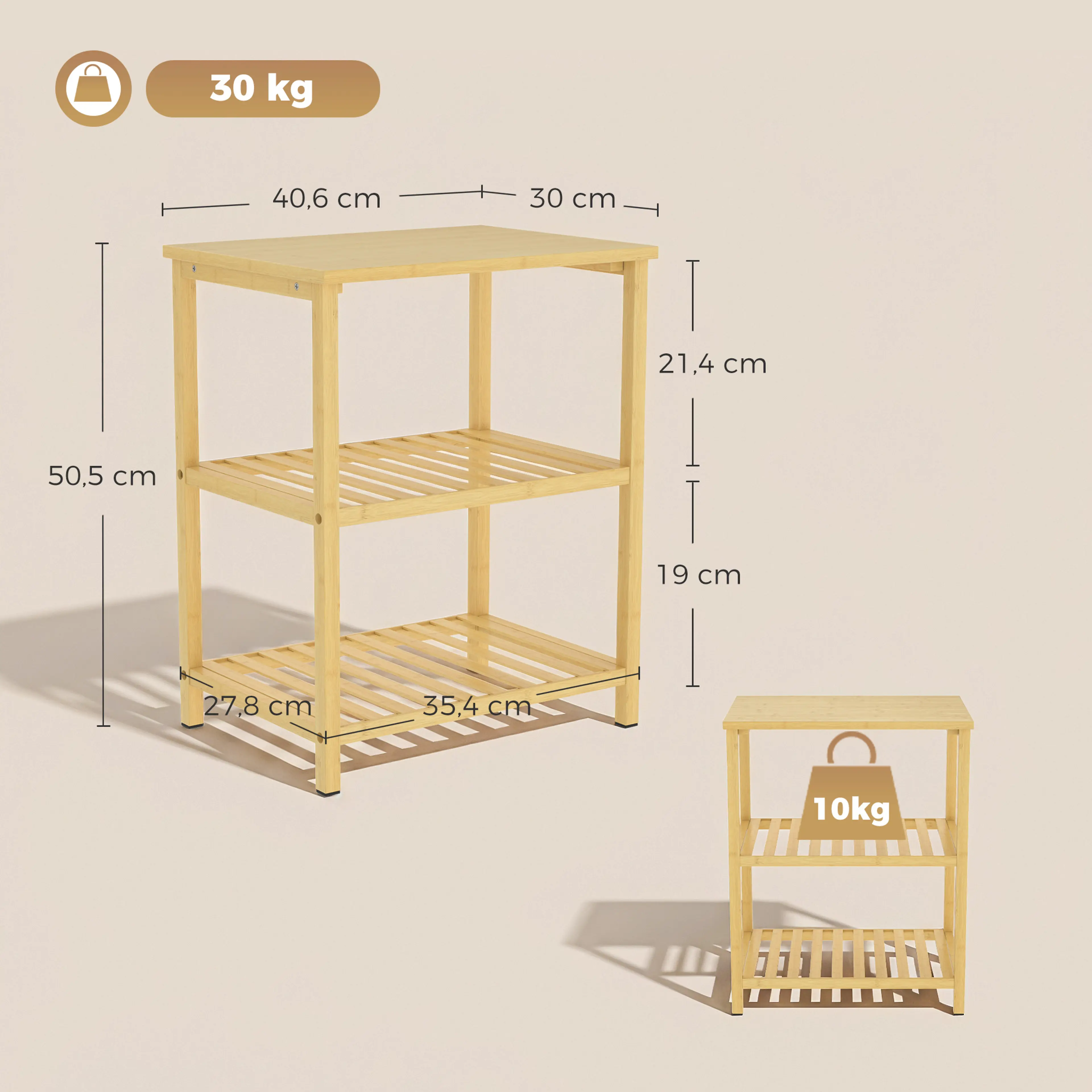 Måttbild: bordet är 40,6 × 30 cm och 50,5 cm högt, bär 30 kg totalt och 10 kg per plan