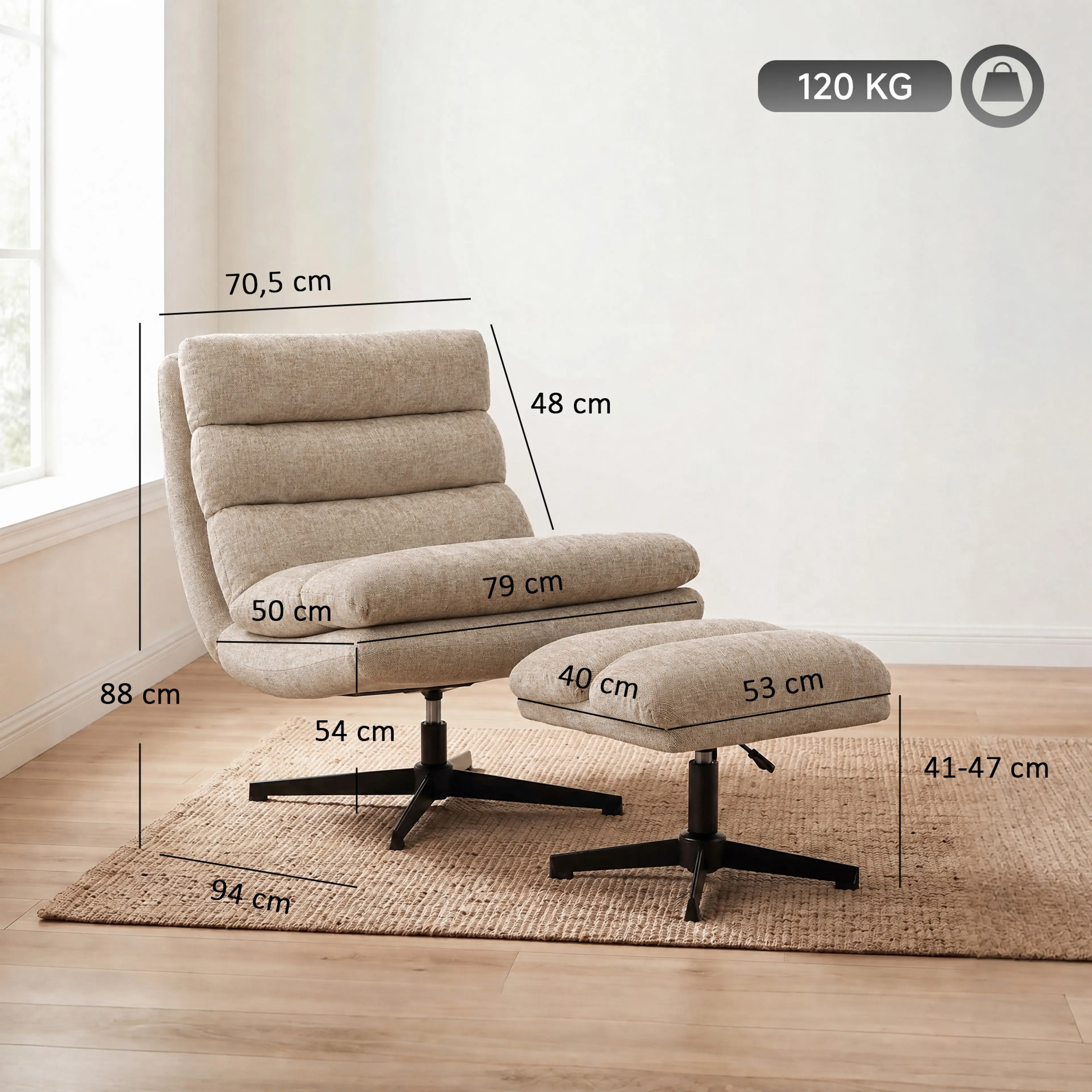 Måttbild: fåtöljen är 79 cm bred, 94 cm djup och 88 cm hög, fotpallen 41–47 cm hög