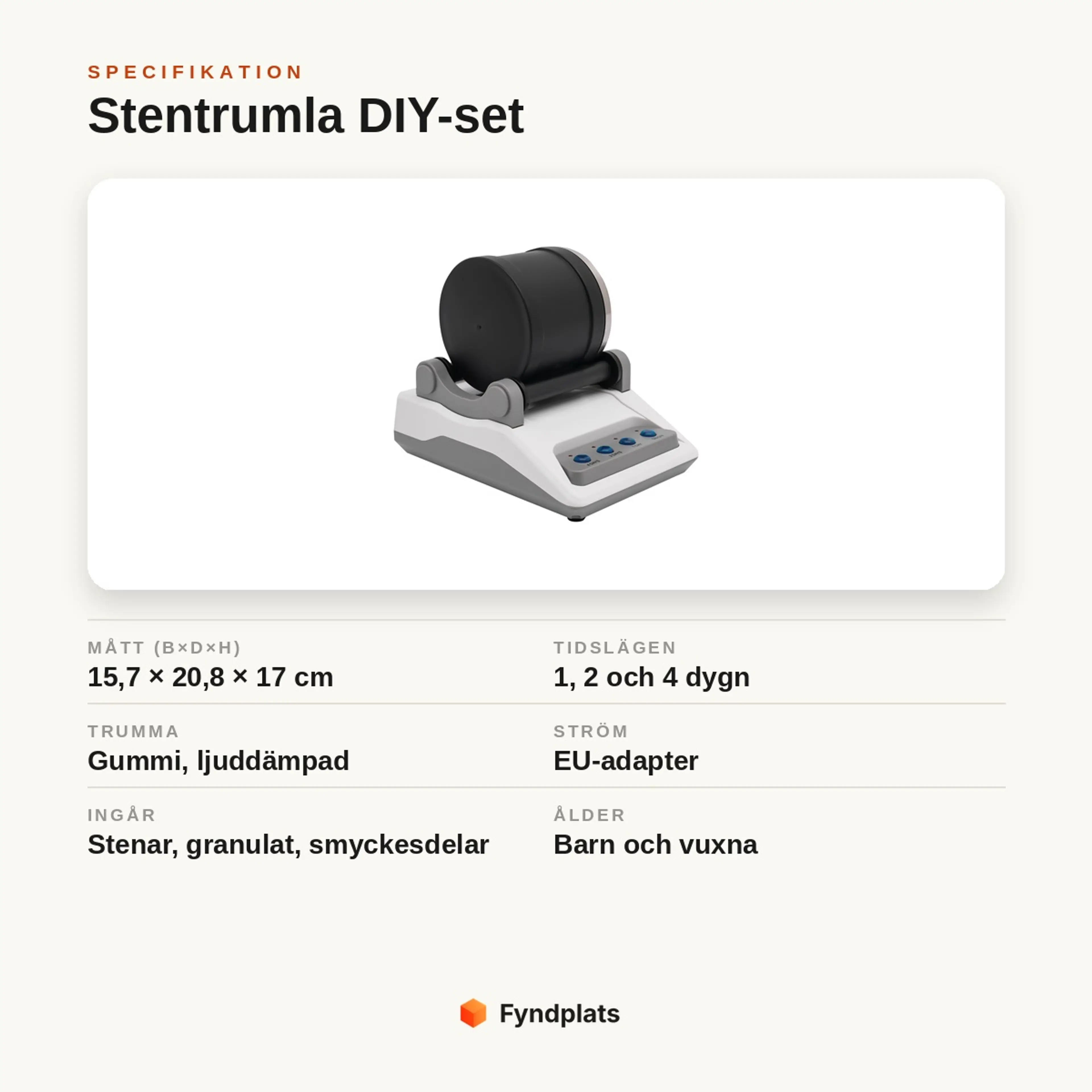Specifikation: stentrumla DIY-set 15,7×20,8×17 cm, tre tidslägen, gummitrumma och EU-adapter